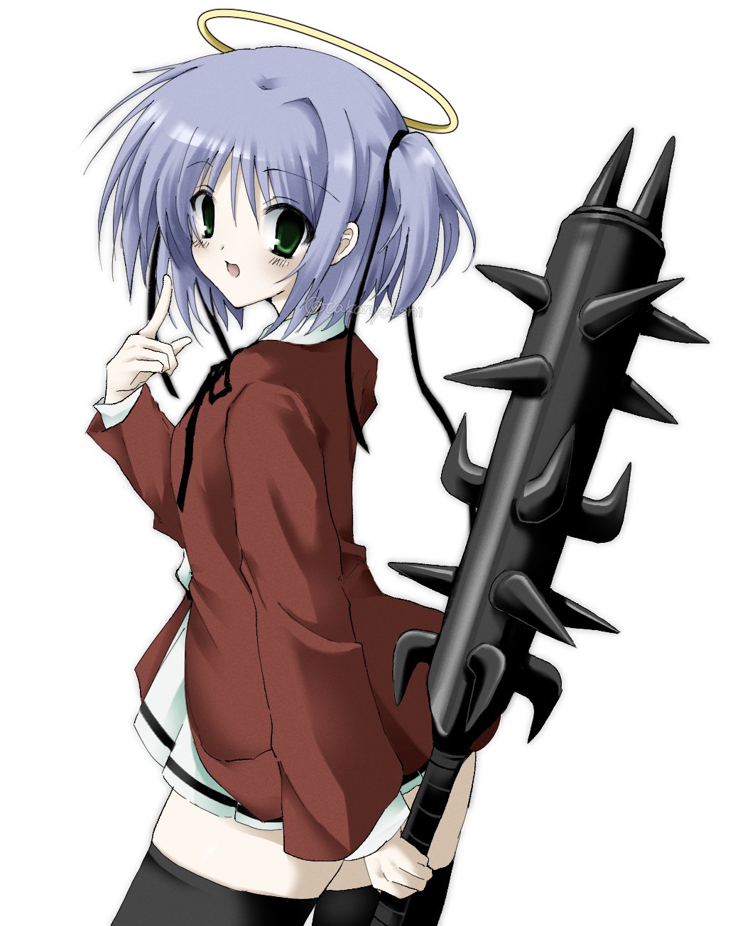 takanashi (takanya shi), mitsukai dokuro, bokusatsu tenshi dokuro-chan, highres, 1girl, arm behind back, club, club (weapon), cowboy shot, from side, green eyes, hair ribbon, halo, index finger raised, jacket, long sleeves, looking at viewer, looking back, miniskirt, neck ribbon, open mouth, pleated skirt, purple hair, ribbon, school uniform, short hair, skirt, smile, solo, spiked club, thighhighs, two side up, weapon