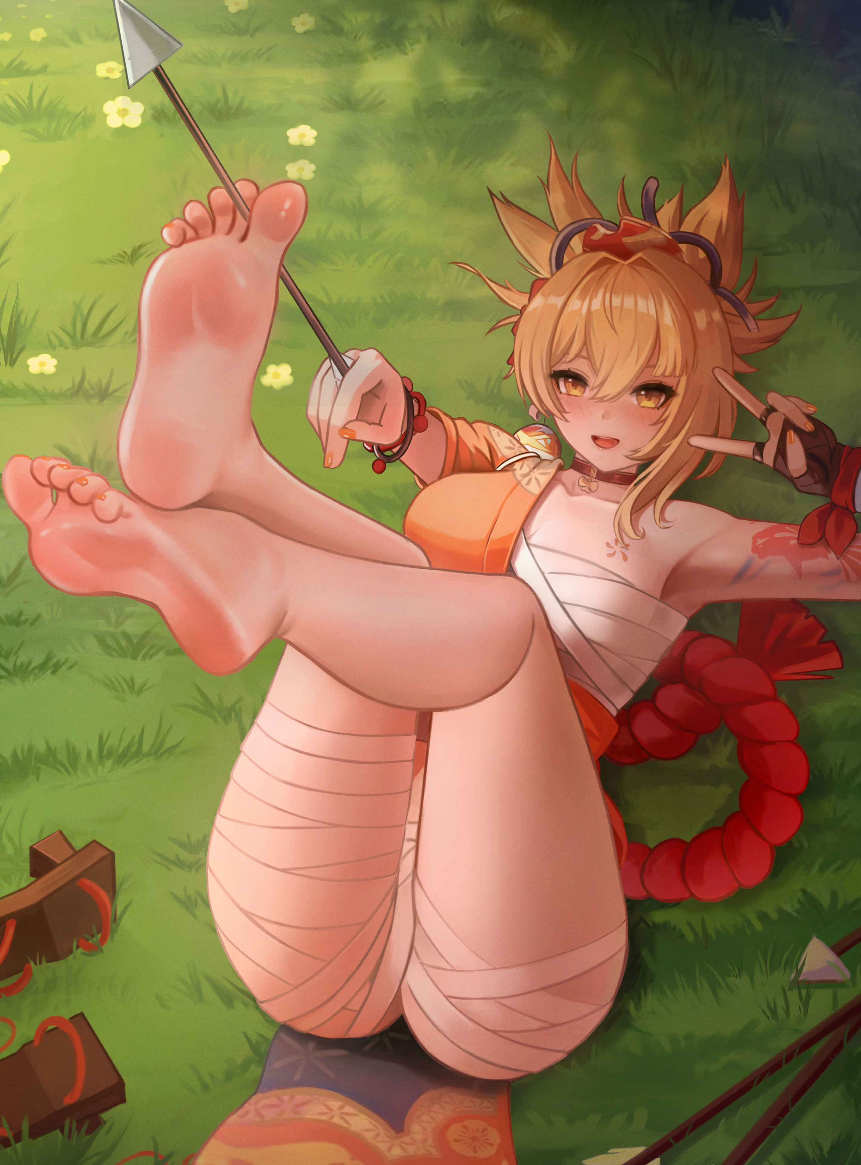 puppnett, yoimiya (genshin impact), genshin impact, absurdres, commentary, highres, 1girl, arm tattoo, arrow (projectile), bandaged leg, bandages, barefoot, between toes, black gloves, blonde hair, bracelet, breasts, chest sarashi, choker, collarbone, feet, fingerless gloves, flower tattoo, foot focus, foreshortening, geta, gloves, grasslands, hadanugi dousa, hair ornament, holding, holding arrow, japanese clothes, jewelry, kimono, large breasts, legs up, long hair, lying, nail polish, on back, open kimono, open mouth, orange kimono, orange nails, outdoors, ponytail, presenting foot, red choker, rope, sandals, sarashi, shimenawa, single glove, soles, solo, tattoo, toes, unworn sandals, v, yellow eyes