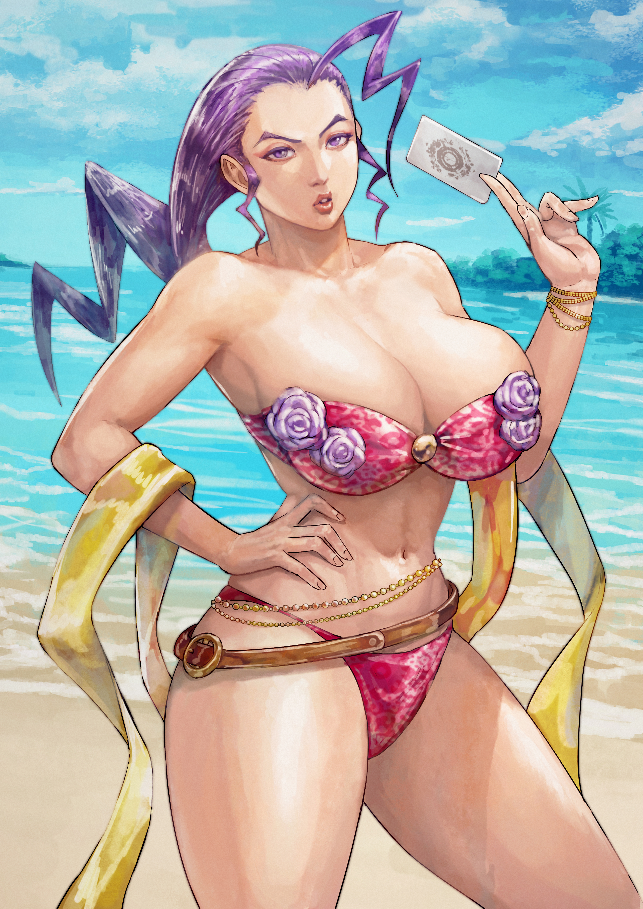 cirenk, rose (street fighter), street fighter, street fighter zero (series), absurdres, commentary, commission, english commentary, highres, mixed-language commentary, revision, traditional media, 1girl, ||/, ahoge, alternate costume, beach, beads, belly chain, belt, belt buckle, bikini, blue sky, breasts, brown belt, buckle, card, cloud, cloudy sky, collarbone, colored eyelashes, contrapposto, day, floral print, flower, hagoromo, hair slicked back, hand on own hip, hand up, holding, holding card, horizon, huge breasts, jewelry, lips, looking at viewer, loose belt, name connection, narrow waist, navel, object namesake, ocean, outdoors, palm tree, parted lips, pink bikini, pinky out, print bikini, purple eyes, purple flower, purple hair, red lips, rose, shawl, sidelocks, single hair intake, sky, solo, standing, strapless, strapless bikini, swimsuit, tarot, tarot card, thick thighs, thighs, toned, tree, v-shaped eyebrows, water, wavy hair