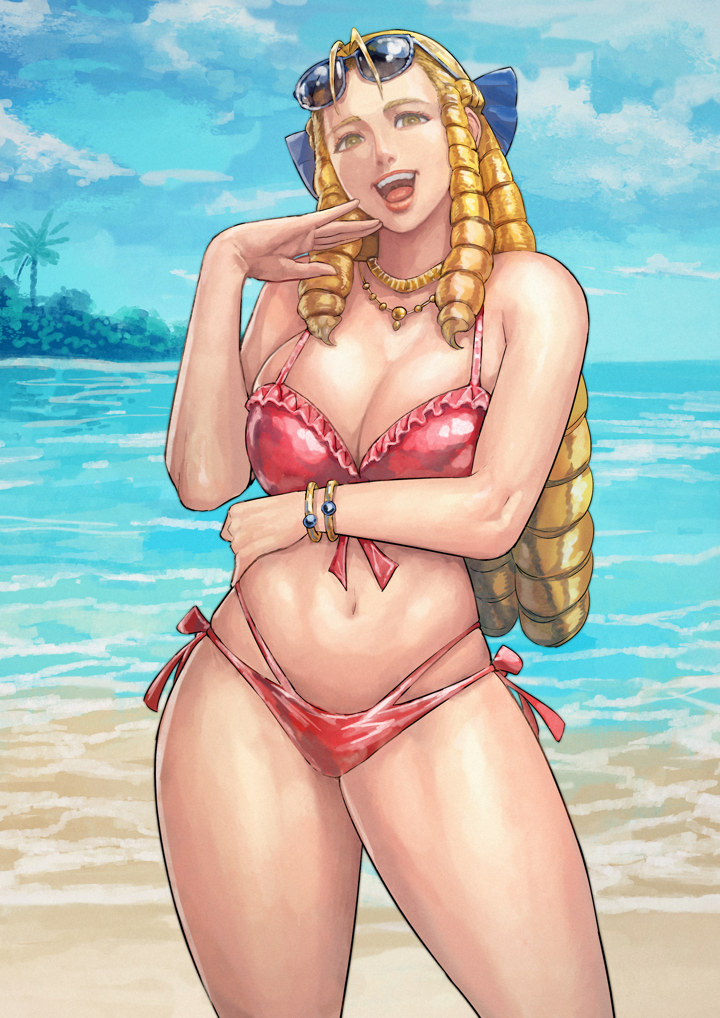 cirenk, kanzuki karin, street fighter, street fighter zero (series), blue gem, absurdres, commentary, commission, english commentary, highres, mixed-language commentary, revision, traditional media, 1girl, :d, alternate costume, antenna hair, arm across waist, beach, bikini, blonde hair, blue-framed eyewear, blue bow, bow, bracelet, breasts, cleavage, cloud, cloudy sky, cowboy shot, curvy, day, drill hair, drill sidelocks, eyewear on head, frilled bikini, frills, front-tie bikini top, front-tie top, gem, groin, hair bow, hand on own hip, hand to own mouth, hand up, highleg, highleg bikini, horizon, jewelry, large breasts, laughing, lips, long hair, multi-strapped bikini bottom, navel, necklace, ocean, ojou-sama pose, open mouth, outdoors, palm tree, red bikini, red lips, side-tie bikini bottom, sidelocks, skindentation, sky, smile, solo, standing, stomach, sunglasses, swimsuit, teeth, thick thighs, thighs, thong, thong bikini, tree, upper teeth only, very long hair, water, wide hips