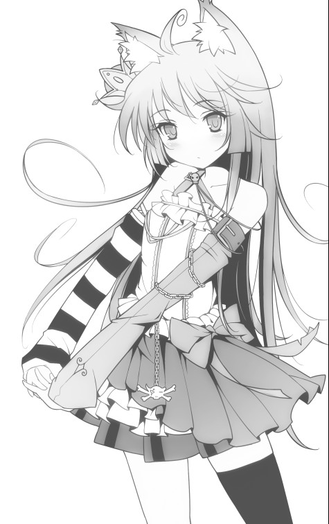ideolo, original, striped, 1girl, animal ears, asymmetrical clothes, bare shoulders, bow, chain, female focus, greyscale, long hair, monochrome, own hands clasped, own hands together, single thighhigh, solo, thighhighs, white background