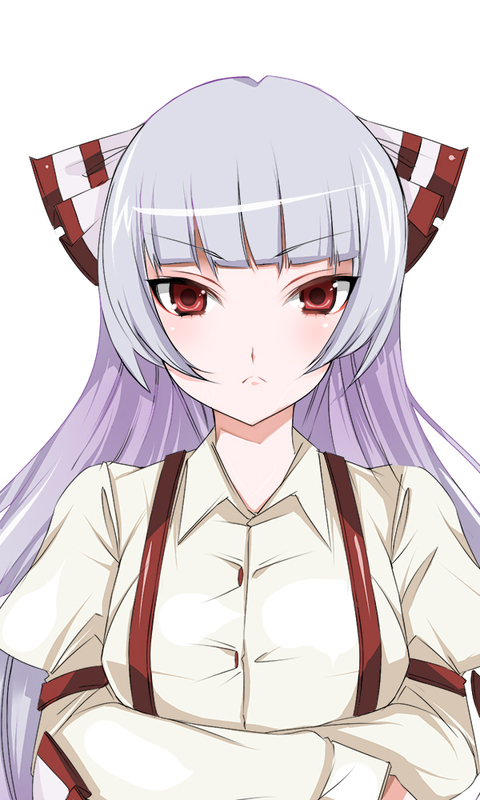 tetsubuta, fujiwara no mokou, touhou, silver hair, bad id, bad pixiv id, 1girl, :<, bow, female focus, hair bow, long hair, red eyes, simple background, solo, suspenders, white background