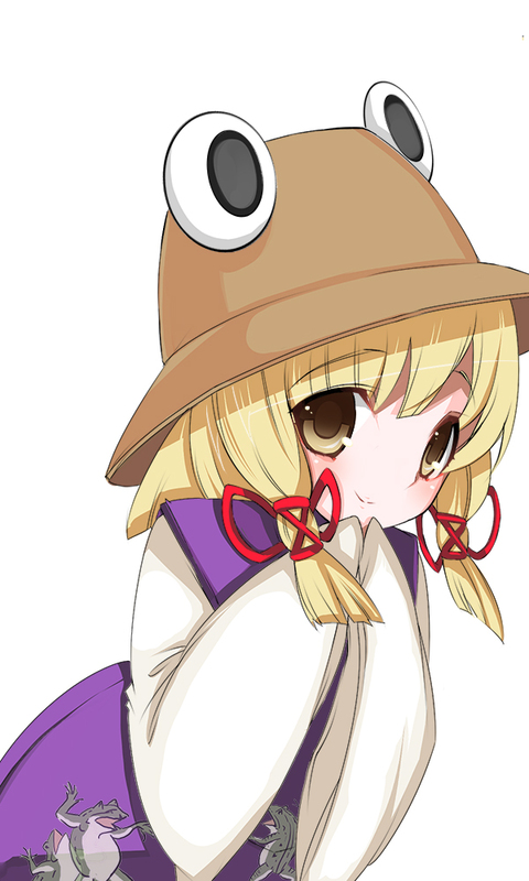 tetsubuta, moriya suwako, pyonta, touhou, bad id, bad pixiv id, 1girl, blonde hair, female focus, hat, long sleeves, short hair, sleeves past wrists, smile, solo, wide sleeves, yellow eyes