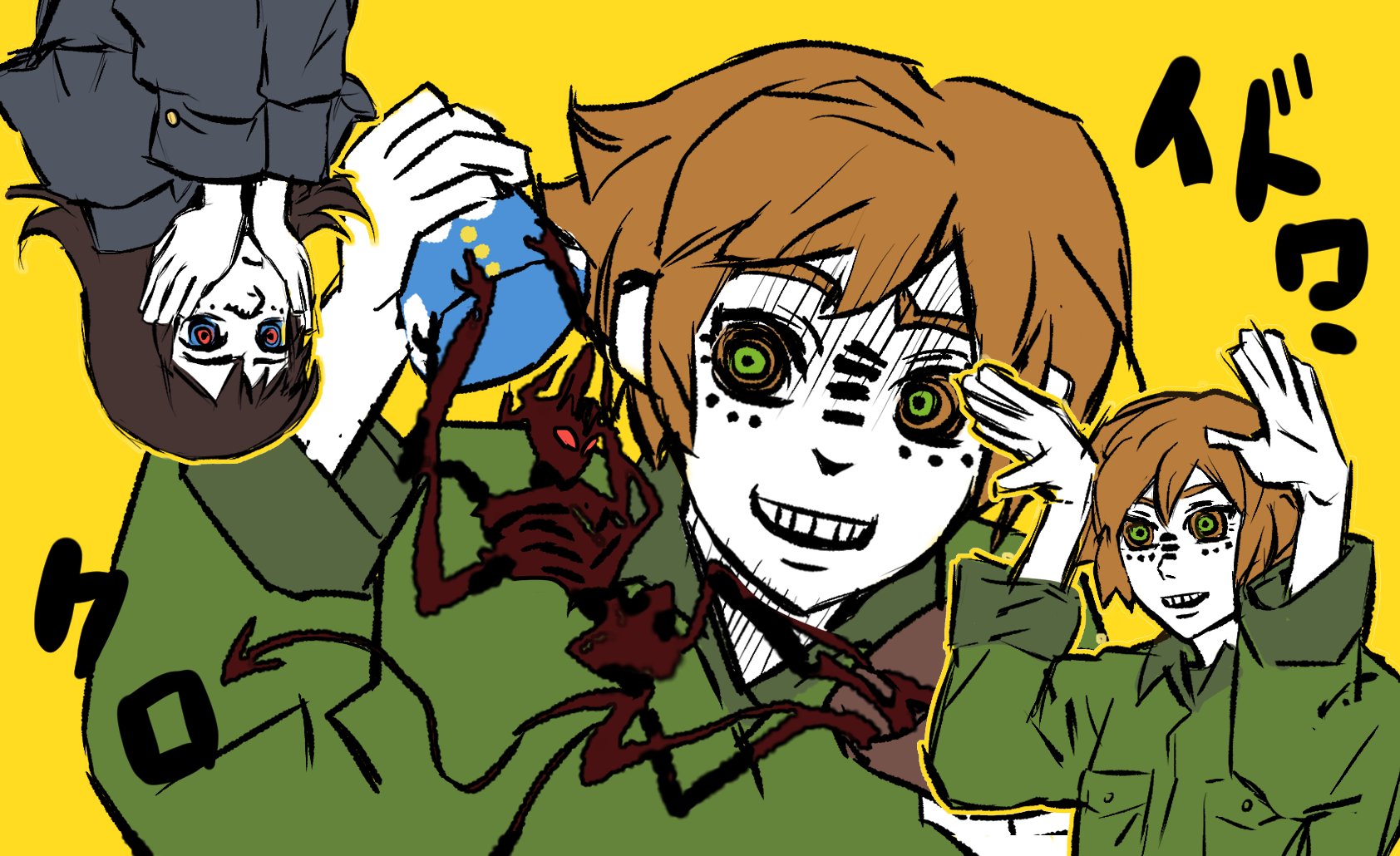 repeeksdnuorg, abaddon (demon) (haunted hotel), abaddon (haunted hotel), esther freeling, haunted hotel, matryoshka (vocaloid), commentary, highres, symbol-only commentary, 1boy, 1girl, brown eyes, brown hair, creature, demon, green pupils, matryoshka doll, parody, short hair, simple background, upper body, yellow background