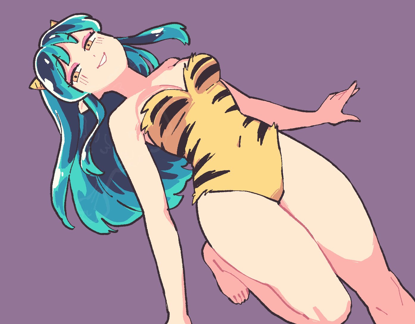 mamanooke, lum, urusei yatsura, clip studio paint (medium), animal print, bare shoulders, barefoot, blue hair, covered navel, horns, leotard, long hair, looking at viewer, one-piece swimsuit, oni, open mouth, purple background, swimsuit, teeth, tiger print, yellow eyes, yellow horns, yellow leotard, yellow one-piece swimsuit