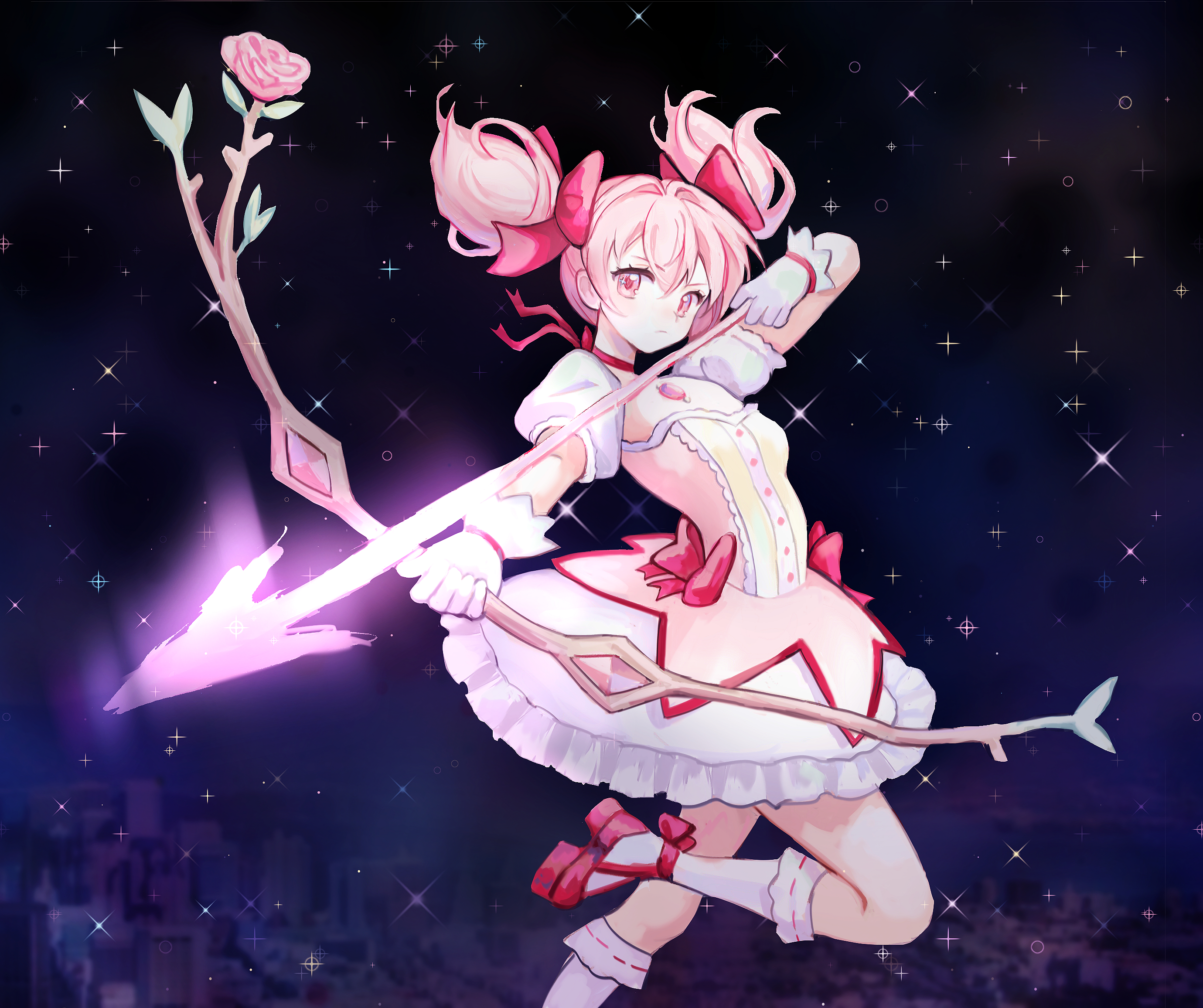 contributi0ns, kaname madoka, mahou shoujo madoka magica, commentary, highres, 1girl, arrow (projectile), bow, bow (weapon), bow choker, bubble skirt, choker, closed mouth, drawing bow, eyelashes, flower, foot out of frame, footwear bow, furrowed brow, gem, gloves, glowing arrow, hair bow, holding, holding bow (weapon), holding weapon, magical girl, multiple hair bows, pink bow, pink eyes, pink flower, pink gem, pink hair, pink rose, red choker, red shoes, rose, shoes, skirt, socks, soul gem, star (sky), starry sky background, twintails, weapon, white gloves, white socks