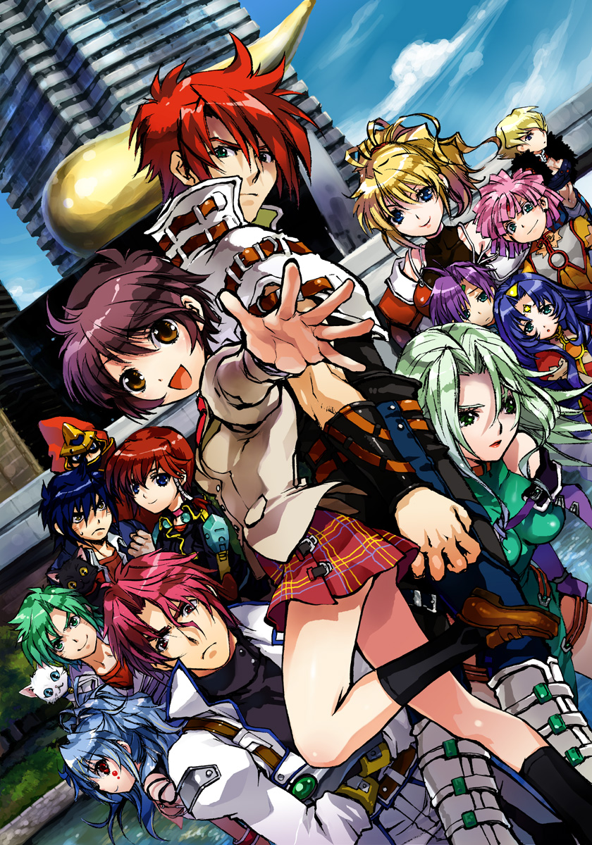 nakamura kanko, alfimi, axel almer, despinis, excellen browning, fighter roar, fiona gureden, folka albark, kouta azuma, kuro (srw), lalia, lamia loveless, masaki andoh, maythis mark, shiro (srw), shouko azuma, banpresto, super robot wars, super robot wars original generation, super robot wars original generation gaiden, super robot wars the lord of elemental, black legwear, brown footwear, white footwear, highres, >:), 6+girls, :3, arm guards, arms at sides, back-to-back, bare shoulders, black cat, blonde hair, blue eyes, blue hair, blue sky, blush, boots, breasts, brown eyes, buckle, building, cat, clenched hand, closed mouth, colored sclera, day, dutch angle, everyone, expressionless, facepaint, facial mark, forehead mark, foreshortening, fur trim, gradient hair, green eyes, green hair, hair between eyes, hairband, height difference, helmet, impossible clothes, juliet sleeves, knee boots, leaning forward, leg up, loafers, long hair, long sleeves, looking at viewer, looking to the side, medium breasts, miniskirt, multicolored hair, multiple girls, navel, outdoors, outstretched arm, palms, pink hair, plaid clothes, plaid skirt, pleated skirt, ponytail, profile, puffy sleeves, purple hair, red eyes, red hair, red lips, red skirt, school uniform, shoes, short hair, skirt, sky, skyscraper, small breasts, smile, spread fingers, standing, standing on one leg, stomach, sweatdrop, thigh strap, tis (srw), upper body, v-shaped eyebrows, white cat, yellow hairband, yellow sclera