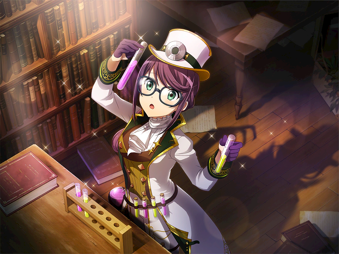 hoshimi junna, dr. jekyll and mr. hyde, shoujo kageki revue starlight, shoujo kageki revue starlight -re live-, game cg, official art, 1girl, ascot, beaker, book, bookshelf, brown vest, coat, cosplay, different shadow, glasses, gloves, green eyes, half gloves, hands up, hat, holding, holding test tube, indoors, light rays, long hair, long sleeves, paper, parted lips, ponytail, purple gloves, purple hair, solo, standing, table, test tube, test tube holster, test tube rack, upper body, vest, waistcoat, white ascot, white coat, white hat