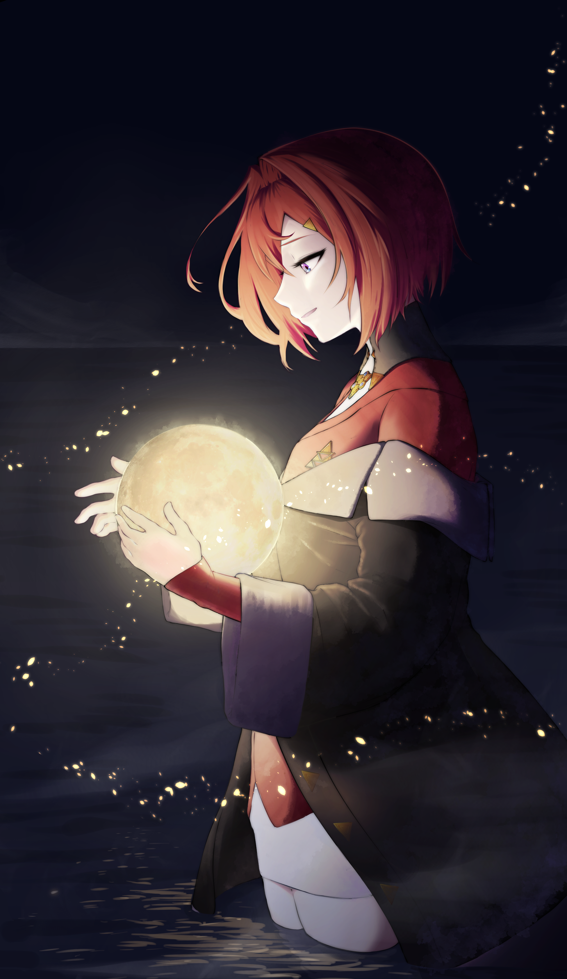 ange katrina, ange katrina (1st costume), nijisanji, absurdres, commentary request, highres, 1girl, black coat, black sky, blue eyes, cardigan, coat, cowboy shot, dress, from side, gradient eyes, hair intakes, hands up, holding, holding moon, light particles, looking at object, looking down, medium hair, mikoton, multicolored eyes, night, ocean, off shoulder, open mouth, profile, purple eyes, red cardigan, red hair, short dress, sky, sleeves past wrists, smile, solo, virtual youtuber, wading, white dress