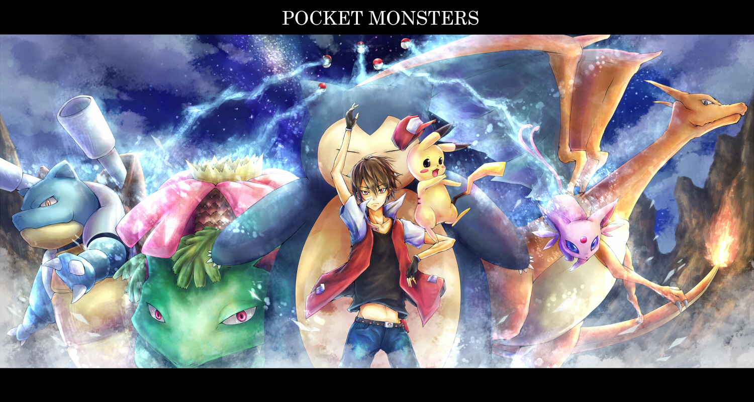 pote (crown), blastoise, charizard, espeon, pikachu, red (pokemon), snorlax, venusaur, nintendo, pokemon, pokemon gsc, pokemon rgby, 1990s (style), 1boy, brown hair, fingerless gloves, fire, flame-tipped tail, gen 1 pokemon, gen 2 pokemon, gloves, hat, jacket, letterboxed, navel, poke ball, pokemon (creature), pokemon team, red eyes, retro artstyle, skinny, starter pokemon trio, tail