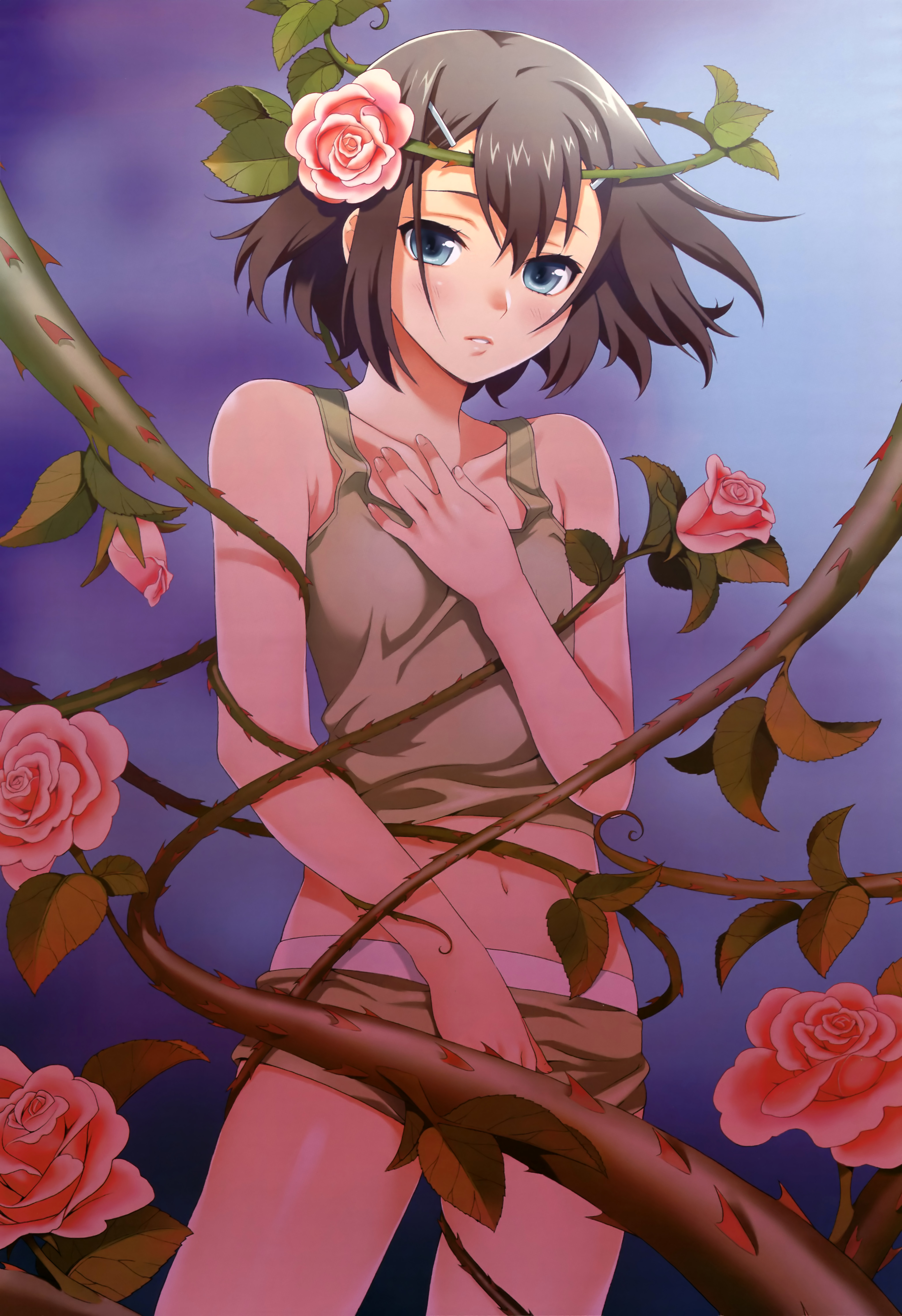 mattaku mousuke, kinoshita hideyoshi, baka to test to shoukanjuu, nyantype, absurdres, highres, 1boy, androgynous, blue eyes, brown hair, flower, male focus, plant, rose, solo, trap, vines