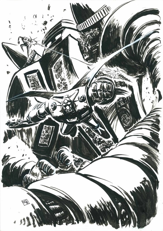 stufquin, getter-1, getter-2, getter-3, getter robo, getter robo (classic), toei company, brush (medium), nib pen (medium), pen (medium), traditional media, 1970s (style), axe, cape, debris, drill, flying, mecha, mecha focus, oldschool, retro artstyle, robot, weapon