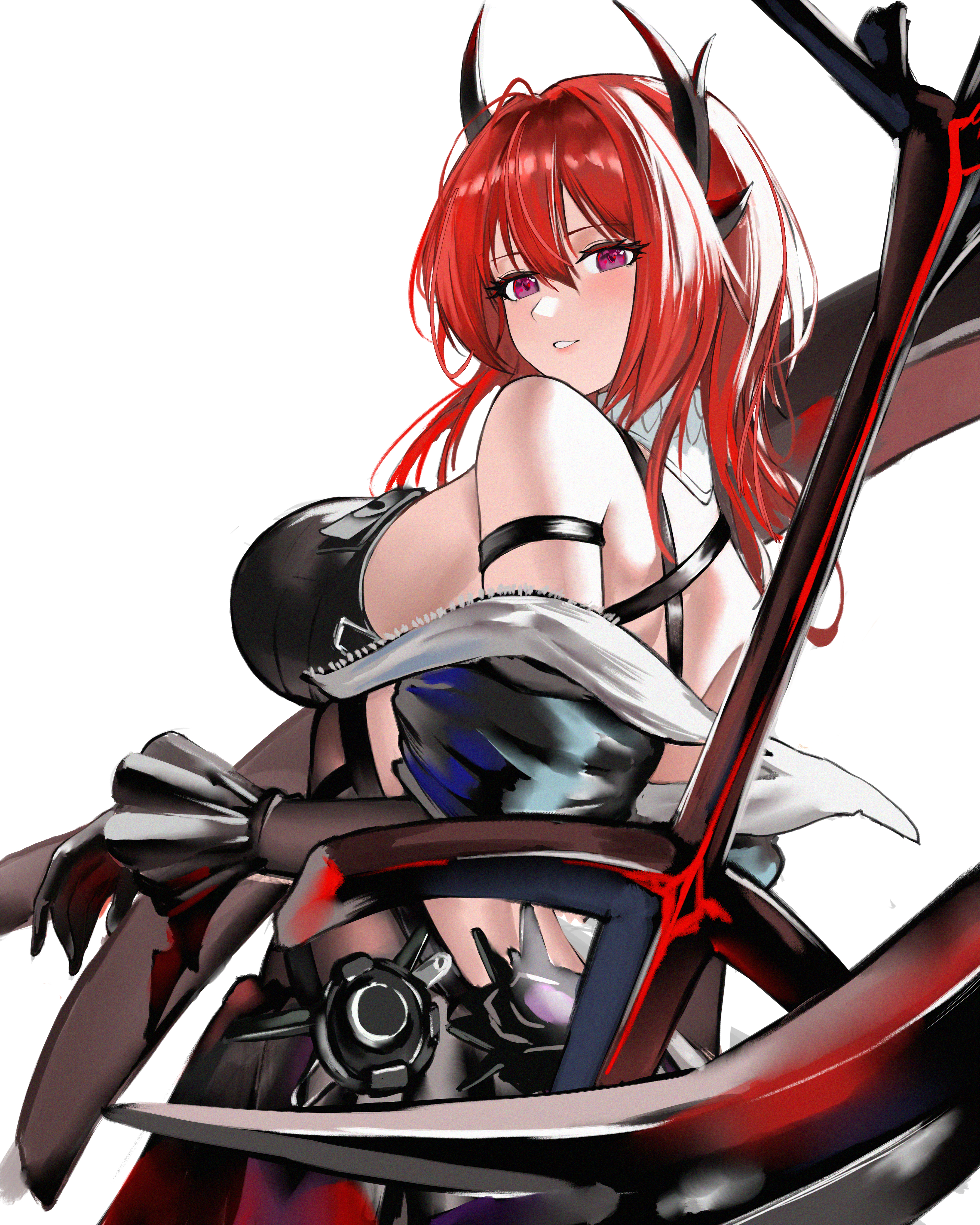 hua hai qishi, surtr (arknights), arknights, arknights: endfield, absurdres, commentary request, highres, 1girl, black dress, black gloves, black wrist cuffs, criss-cross straps, dress, elbow gloves, from side, gloves, hair between eyes, horns, laevatain (arknights), looking at viewer, medium hair, off shoulder, parted lips, purple hair, red eyes, simple background, solo, sword, sword on back, turning head, upper body, weapon, weapon on back, white background, wrist cuffs
