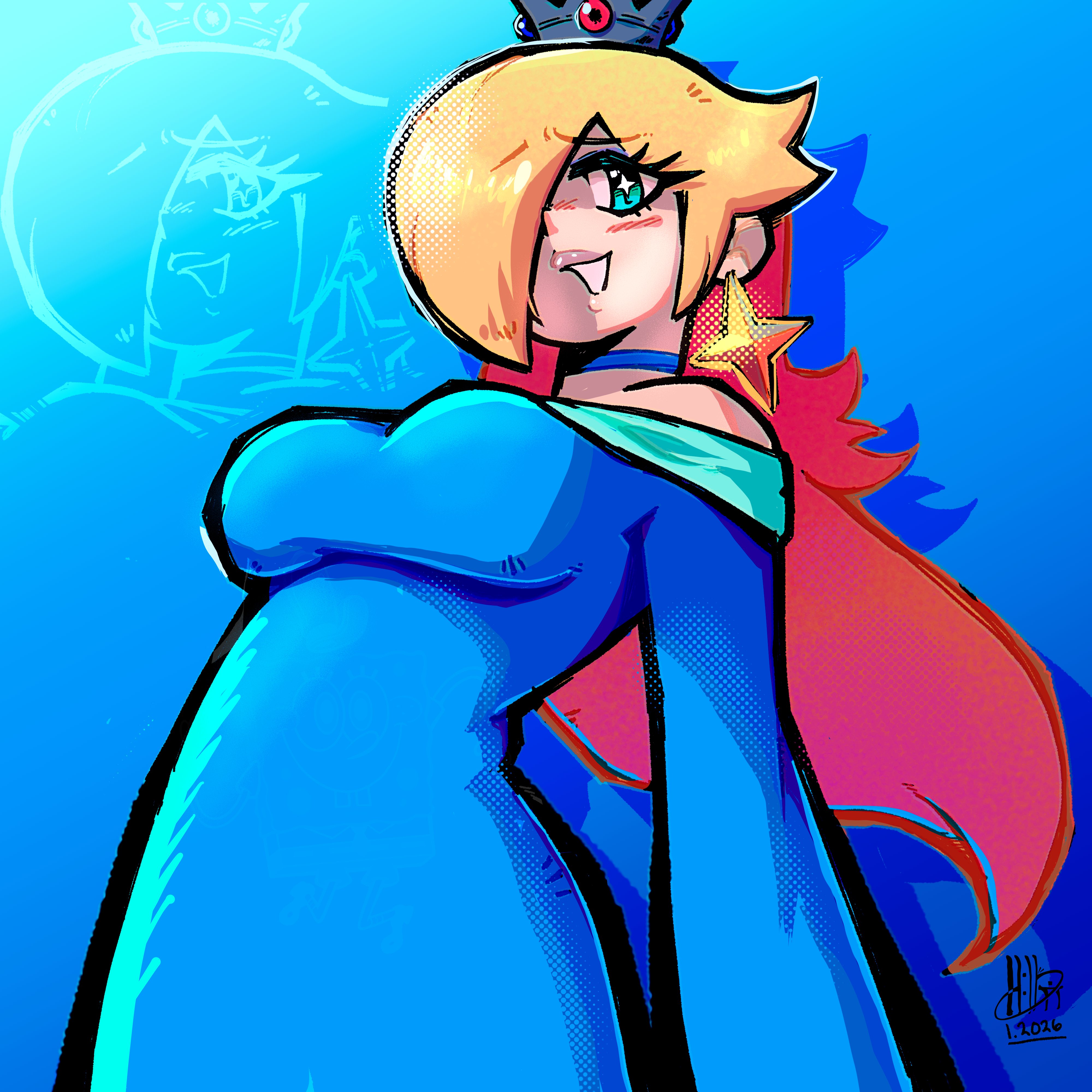 ftpickaxe, rosalina, mario (series), nintendo, 1girl, aqua dress, bare shoulders, blonde hair, blue eyes, breasts, brooch, choker, crown, dress, earrings, hair over one eye, jewelry, long hair, long sleeves, off-shoulder dress, off shoulder, smile, smug, solo, star (symbol), star brooch, star earrings