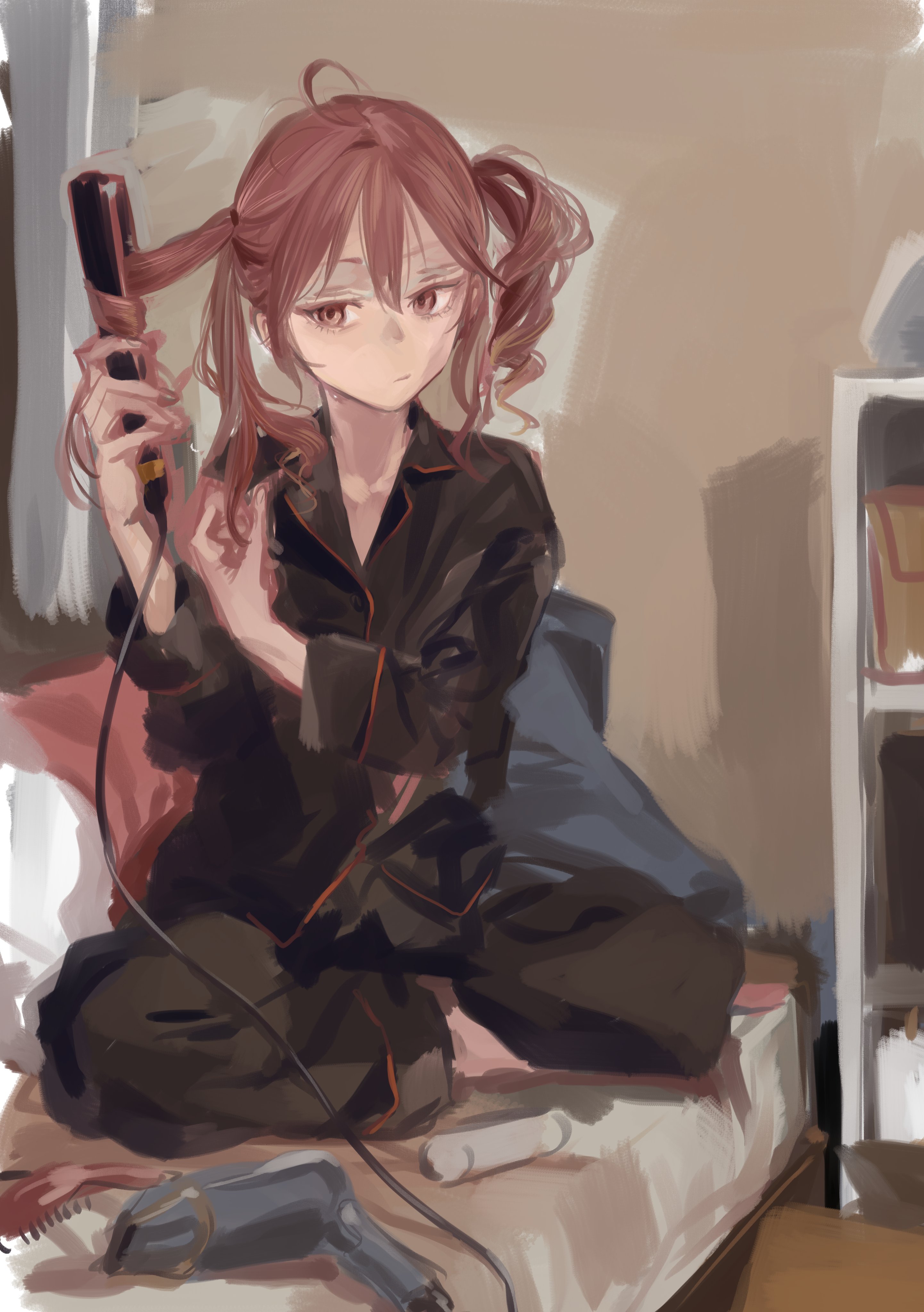 ikuhana niiro, kasane teto, utau, absurdres, highres, 1girl, ahoge, black pajamas, collared shirt, crossed legs, curly hair, drill hair, full body, hair between eyes, hair curl, hair dryer, hairdressing, indoors, lapels, long sleeves, notched lapels, on bed, pajamas, red eyes, red hair, red trim, shelf, shirt, sitting, sketch, solo, twin drills, twintails