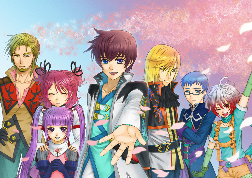 mako (caramel08), asbel lhant, cheria barnes, hubert ozwell, malik caesars, pascal (tales), richard (tales), sophie (tales), tales of (series), tales of graces, 3girls, 4boys, ascot, blonde hair, blue eyes, blue hair, blue shirt, brothers, brown hair, cherry blossoms, flower, glasses, gradient hair, heterochromia, multicolored hair, multiple boys, multiple girls, petals, pink hair, purple eyes, purple hair, red hair, shirt, siblings, twintails, two side up, white hair