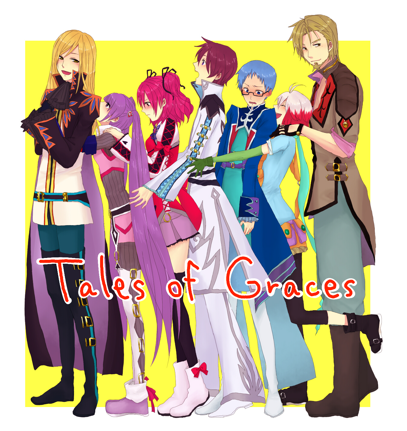 furuta yago, asbel lhant, cheria barnes, hubert ozwell, malik caesars, pascal (tales), richard (tales), sophie (tales), tales of (series), tales of graces, bad id, bad pixiv id, highres, 3girls, 4boys, ascot, blonde hair, blue eyes, blue hair, blue shirt, blush, boots, brothers, brown eyes, brown hair, copyright name, glasses, gloves, knee boots, multicolored hair, multiple boys, multiple girls, o-ring, pink hair, purple eyes, purple hair, purple skirt, scarf, shirt, siblings, skirt, twintails, two-tone hair, yellow background