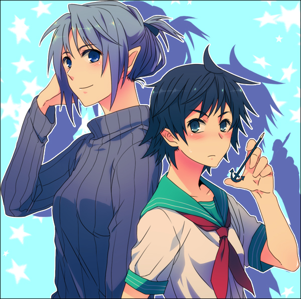 re ghotion, kumoi ichirin, murasa minamitsu, touhou, bad id, bad pixiv id, 2girls, alternate costume, anchor, blue eyes, blue hair, contemporary, female focus, multiple girls, no headwear, pointy ears, sweater