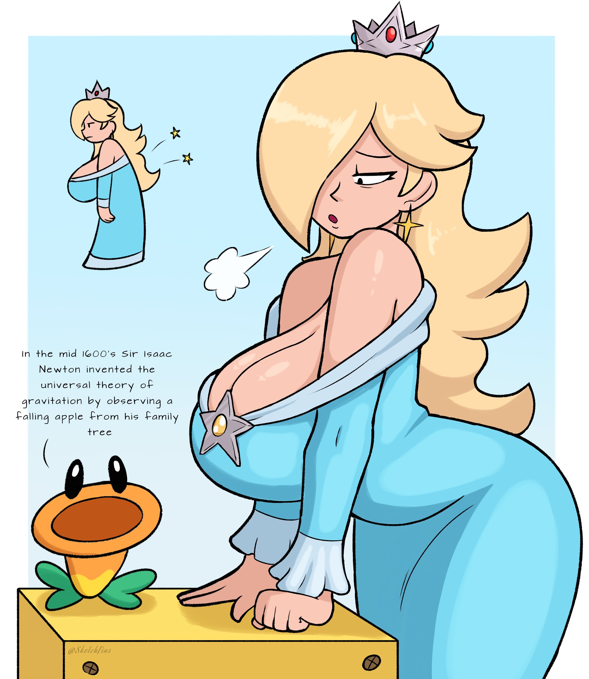 sketchfins, rosalina, talking flower (mario), mario (series), nintendo, super mario bros. wonder, 1girl, aqua dress, arched back, bare shoulders, blonde hair, blue eyes, breasts, brooch, cleavage, crown, dress, earrings, hair over one eye, half-closed eyes, huge breasts, jewelry, leaning forward, long hair, long sleeves, off-shoulder dress, off shoulder, puff of air, star (symbol), star brooch, star earrings
