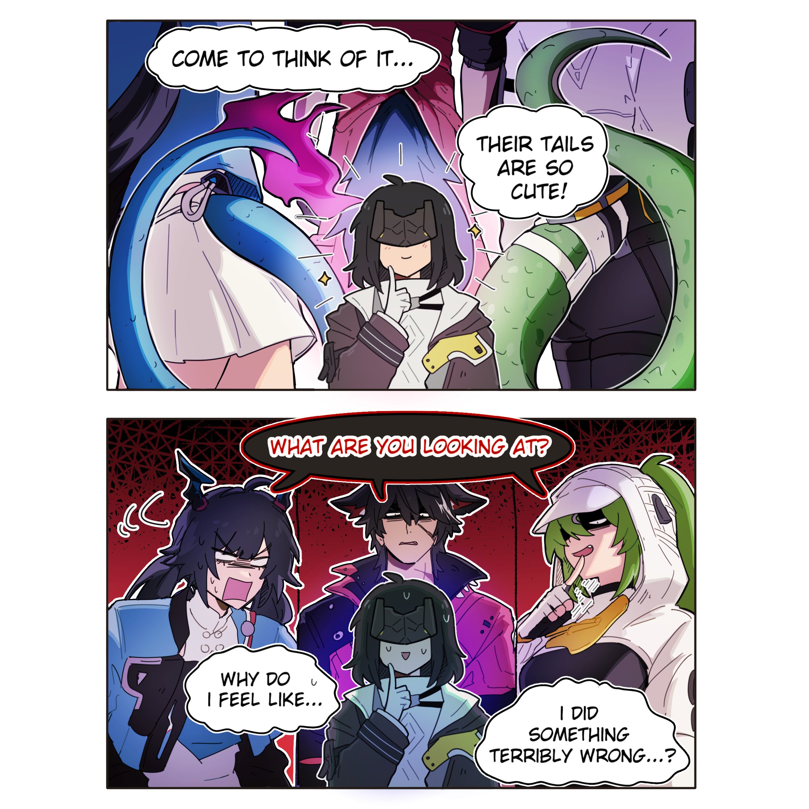 netoii, chen qianyu (arknights), endministrator (arknights), female endministrator (arknights), fluorite (arknights), wulfgard (arknights), arknights, arknights: endfield, absurdres, commentary, english commentary, highres, 1boy, 3girls, animal ears, black bodysuit, bodysuit, double-parted hair, green hair, green tail, hair through hood, hood, hood up, hooded shrug, impossible bodysuit, impossible clothes, long hair, multiple girls, shrug (clothing), snake girl, snake tail, tail, white shrug, wolf tail