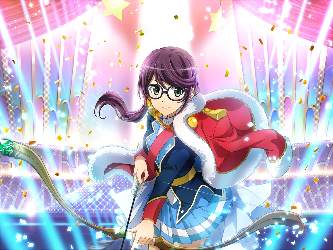 hoshimi junna, shoujo kageki revue starlight, shoujo kageki revue starlight -re live-, game cg, official art, 1girl, arrow (projectile), blue jacket, blue skirt, bow (weapon), closed mouth, confetti, fur-trimmed jacket, fur trim, glasses, green eyes, holding, holding arrow, holding bow (weapon), holding weapon, jacket, jacket on shoulders, long hair, long sleeves, looking at viewer, pleated skirt, ponytail, purple hair, red jacket, red sash, sash, skirt, solo, stage lights, standing, upper body, weapon