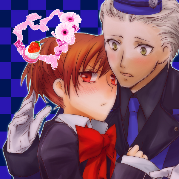 ichimatsu shiro, shiomi kotone, theodore (persona), atlus, persona, persona 3, persona 3 portable, 1boy, 1girl, blush, brown hair, checkered background, couple, food, fruit, gloves, hat, hetero, necktie, red eyes, ribbon, school uniform, strawberry, yellow eyes
