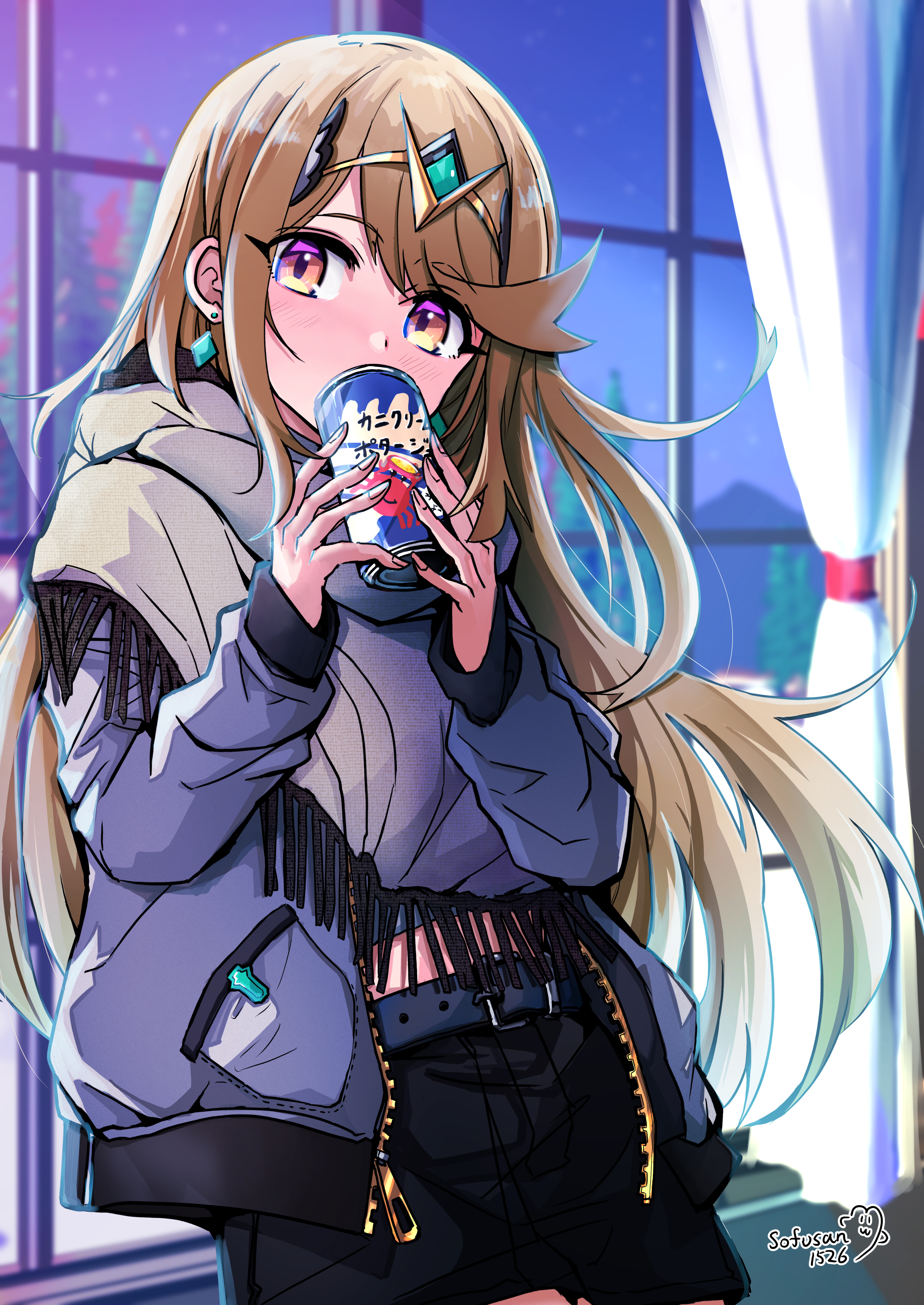 sofusan1526, mythra (xenoblade), xenoblade chronicles (series), xenoblade chronicles 2, absurdres, commentary request, highres, 1girl, artist name, belt, black skirt, blonde hair, can, contemporary, curtains, drink can, earrings, grey jacket, holding, holding can, indoors, jacket, jewelry, long hair, looking at viewer, loose hair strand, open clothes, open jacket, scarf, signature, skirt, soda can, solo, standing, tiara, window, zipper, zipper pull tab