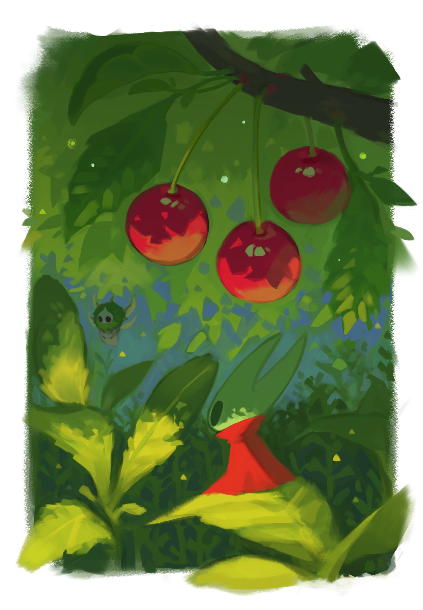 hornet (hollow knight), hollow knight, hollow knight: silksong, commentary, highres, symbol-only commentary, 1girl, arthropod girl, black eyes, black skin, branch, cherry, cloak, colored skin, flying, food, fruit, full body, hollow eyes, horned mask, horns, leaf, mask, mini person, minigirl, mossmir (hollow knight), red cloak, shadow, sitting, sunmk s2, white mask, wings