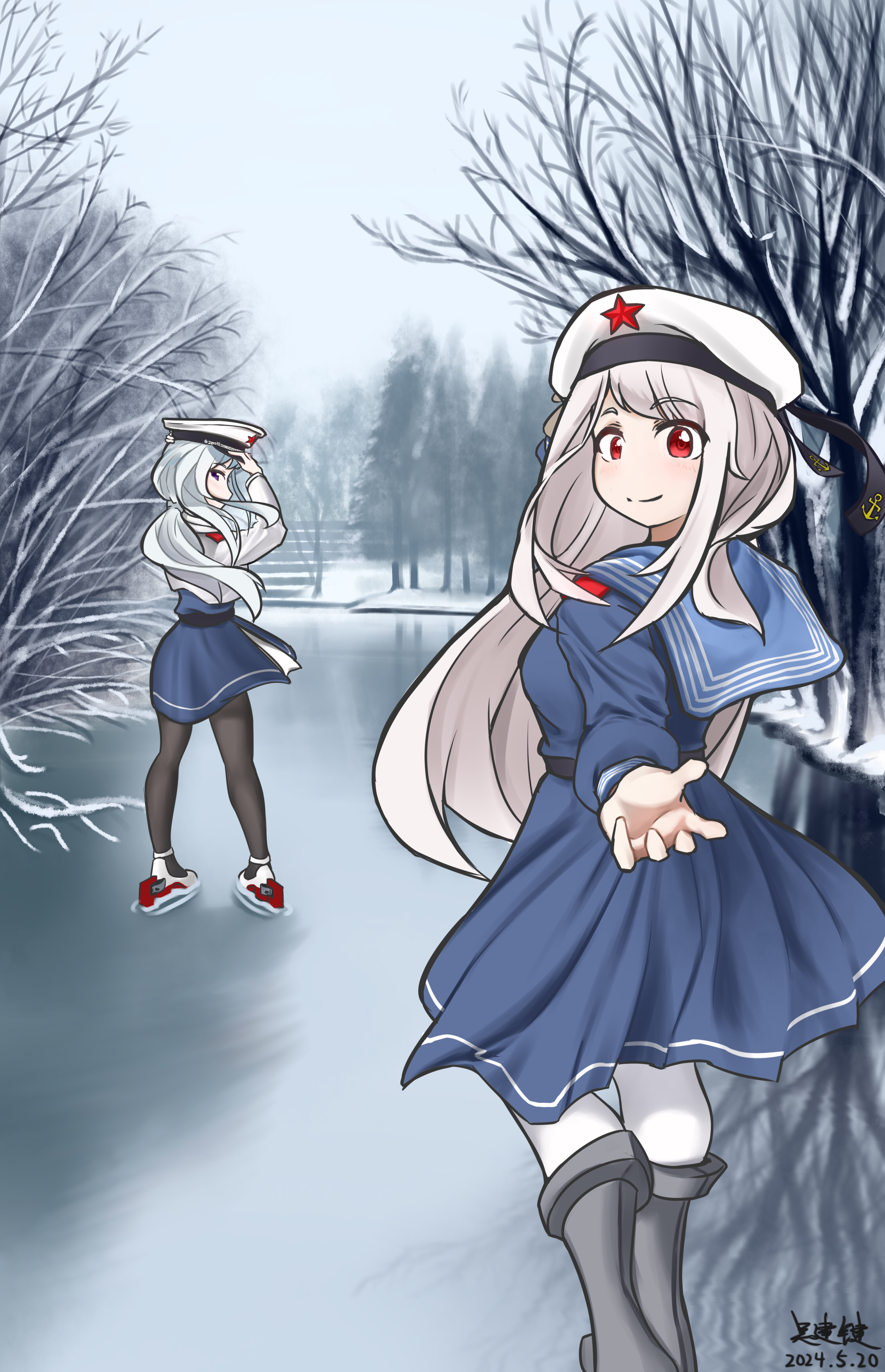 anshan (warship girls r), changchun (warship girls r), warship girls r, absurdres, commentary request, highres, dress, hat, jianjianwu, red eyes, red star, sailor dress, sailor hat, star (symbol), white hair