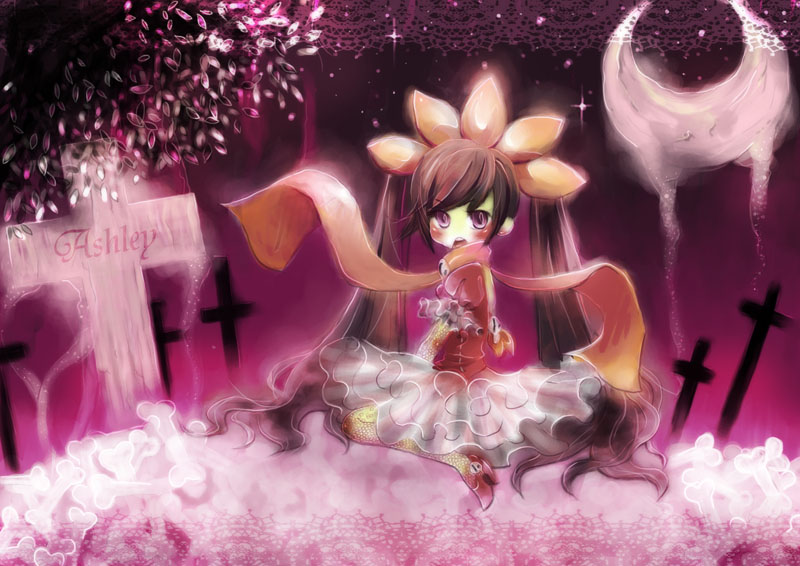 miisan33, ashley (warioware), nintendo, warioware, bad id, bad pixiv id, 1girl, blush, bone, character name, crescent moon, cross, dress, female focus, grave, graveyard, long hair, moon, purple eyes, scarf, solo, twintails, very long hair
