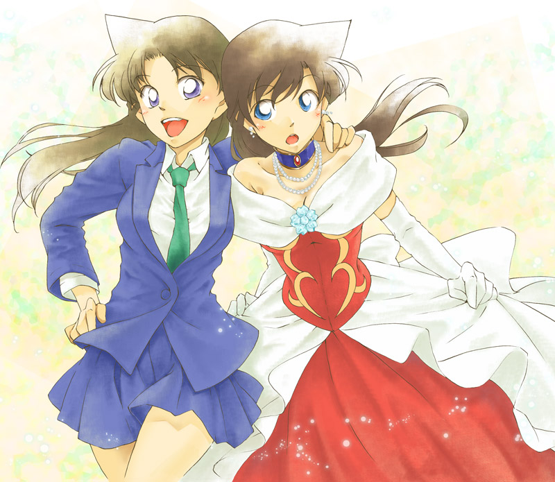 violetcoral, mira julietta vesparand, mouri ran, lupin iii, lupin sansei vs meitantei conan, meitantei conan, 2girls, blouse, brown hair, choker, collared shirt, cosplay, costume switch, crossover, dress, elbow gloves, gloves, hug, jewelry, multiple girls, princess mira, shirt, white shirt