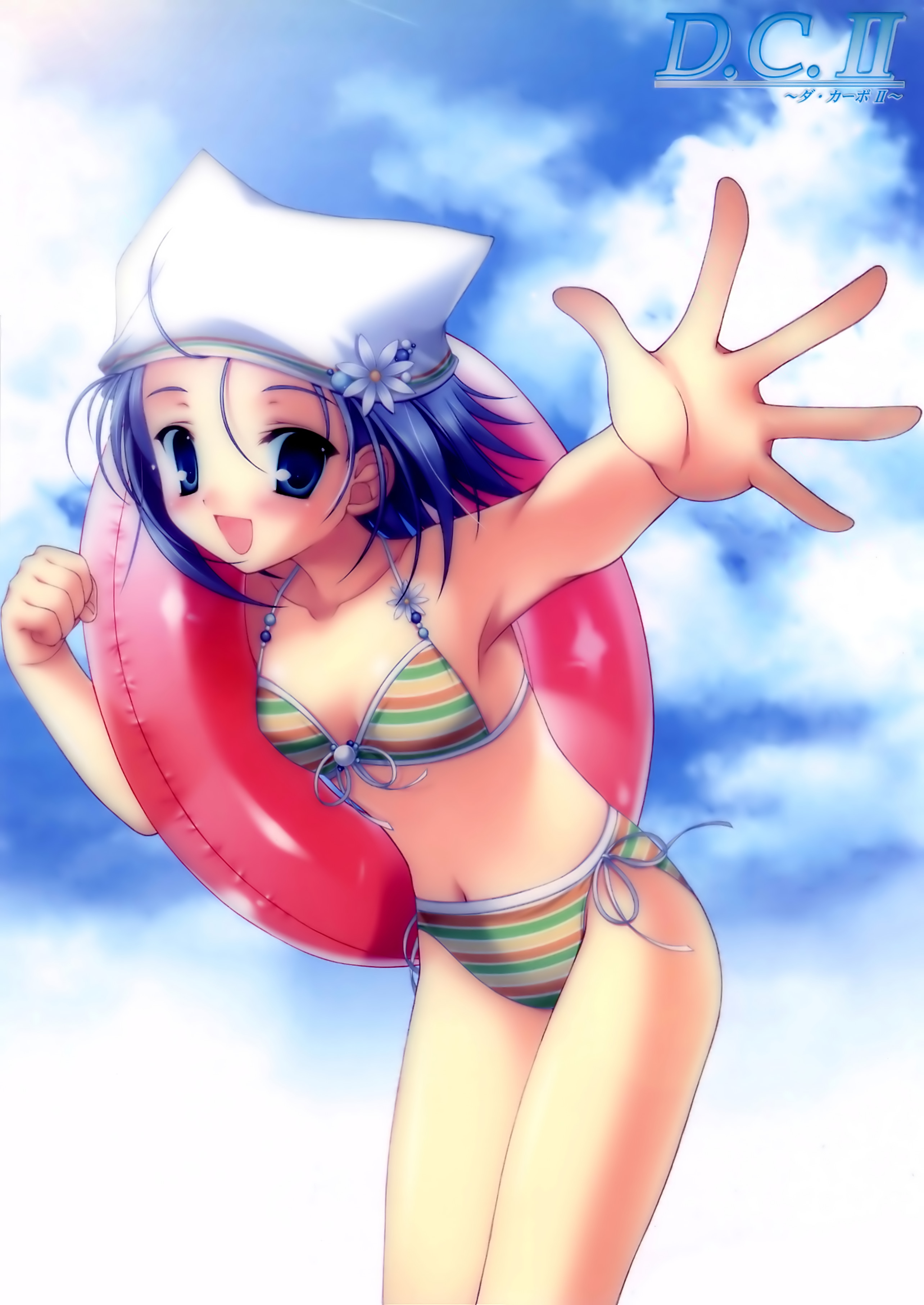 tanihara natsuki, amakase minatsu, da capo, da capo ii, absurdres, highres, 1girl, bikini, blue hair, blush, day, female focus, hat, innertube, open mouth, solo, striped bikini, striped clothes, swim ring, swimsuit