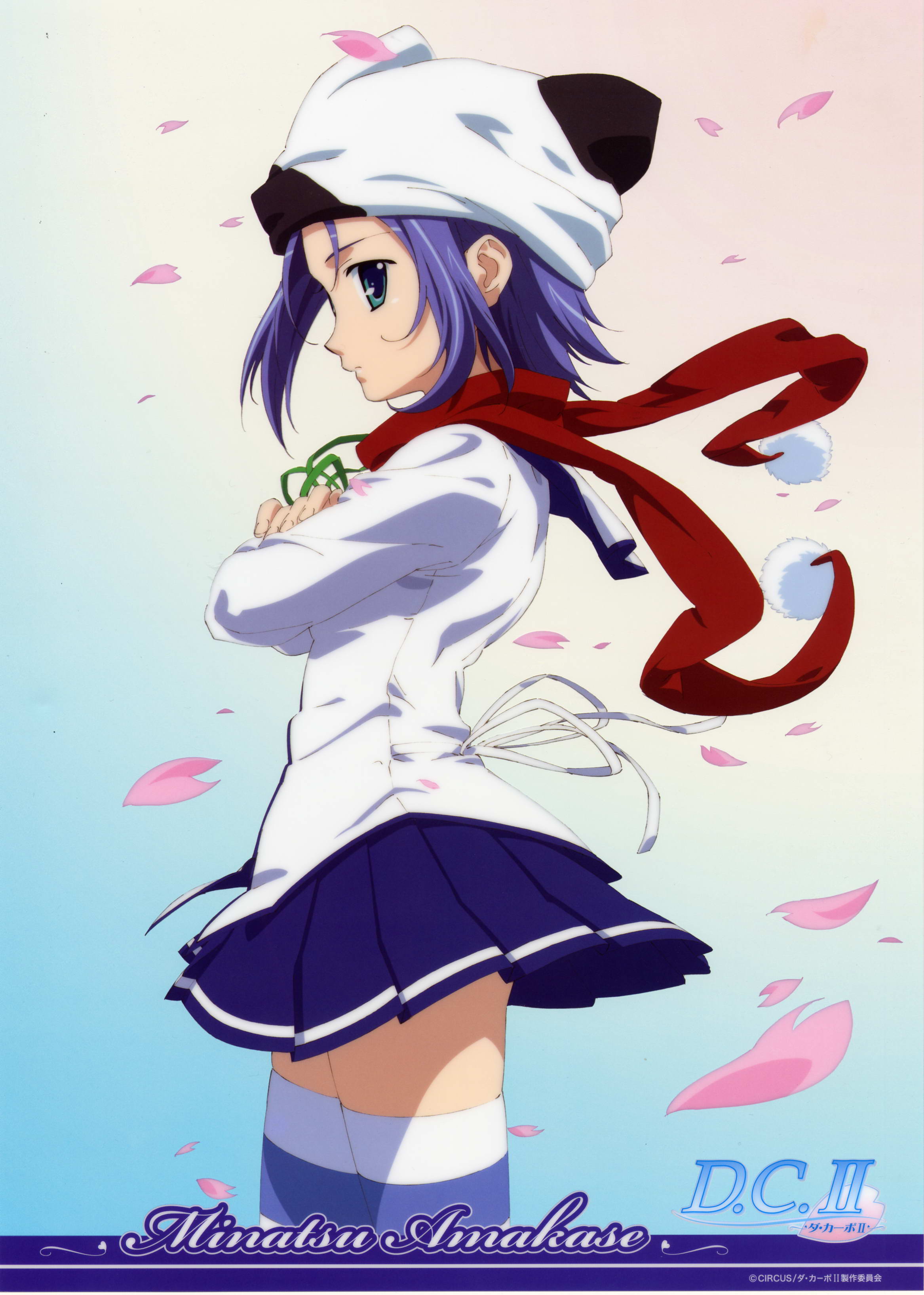 amakase minatsu, da capo, da capo ii, absurdres, highres, 1girl, blue hair, crossed arms, female focus, from side, hat, logo, looking at viewer, miniskirt, petals, pleated skirt, pom pom (clothes), red scarf, scarf, school uniform, short hair, skirt, solo, striped clothes, striped thighhighs, thighhighs