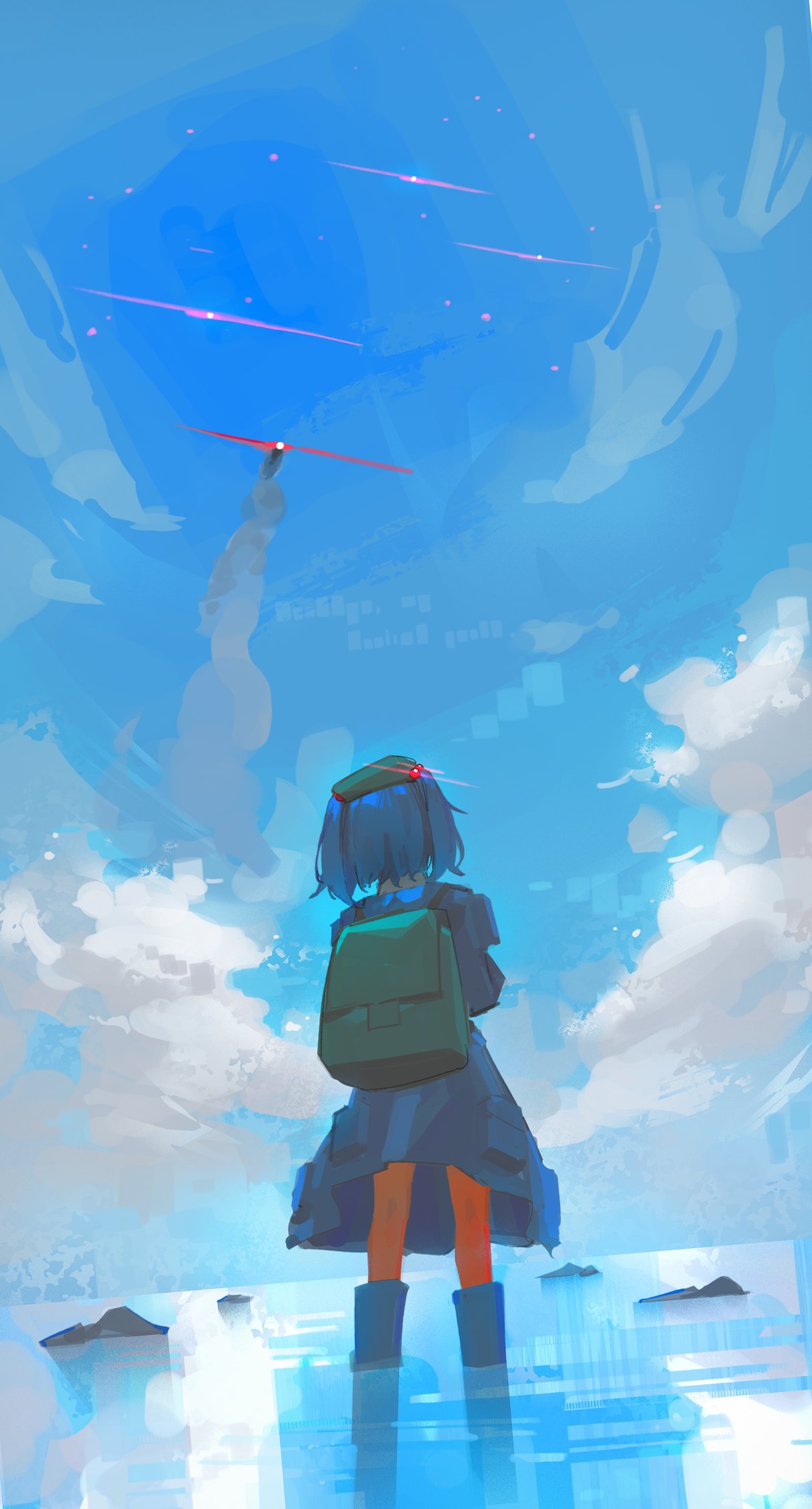 aesur a, kawashiro nitori, touhou, commentary, english commentary, highres, 1girl, backpack, bag, blue boots, blue dress, blue hair, blue sky, boots, cloud, day, dress, from behind, green bag, green hat, hat, missile, outdoors, pocket, rock, sky, solo, standing, two side up, wading, water