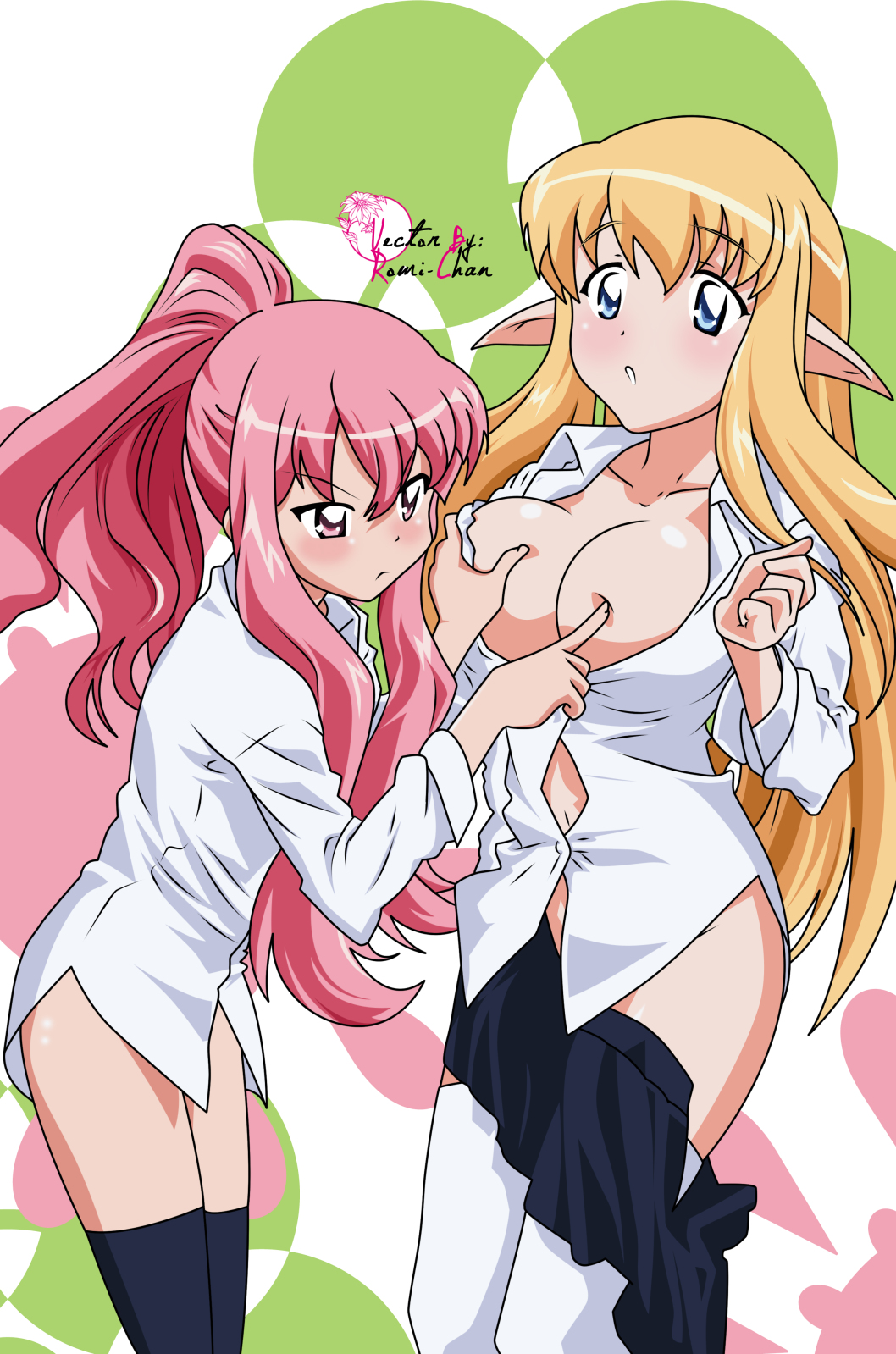 louise francoise le blanc de la valliere, tiffania westwood, zero no tsukaima, artist request, derivative work, highres, vector trace, 2girls, alternate hairstyle, blonde hair, blue eyes, breast envy, breasts, grabbing another's breast, groping, large breasts, legs, long hair, looking at breasts, multiple girls, no nipples, no panties, pink eyes, pink hair, pointy ears, poking, poking another's breast, shirt, thighhighs, white shirt
