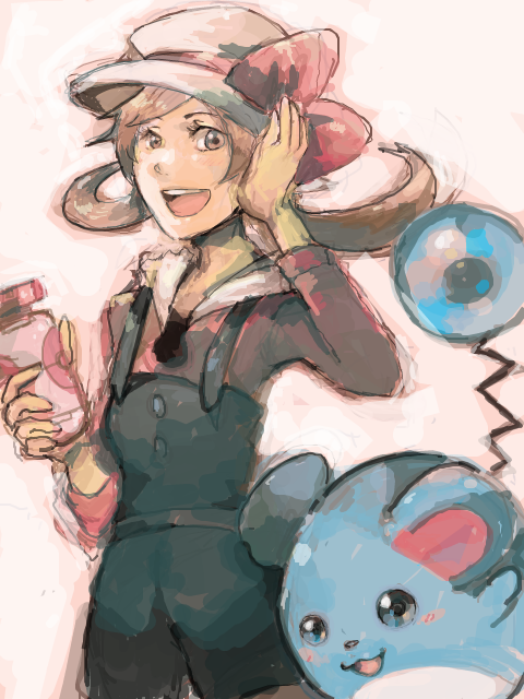 sin (hitonatsu), lyra (pokemon), marill, nintendo, pokemon, pokemon hgss, bad id, bad pixiv id, 00s, 1girl, brown eyes, brown hair, gen 2 pokemon, hair ribbon, hat, open mouth, overalls, pokegear, pokemon (creature), ribbon