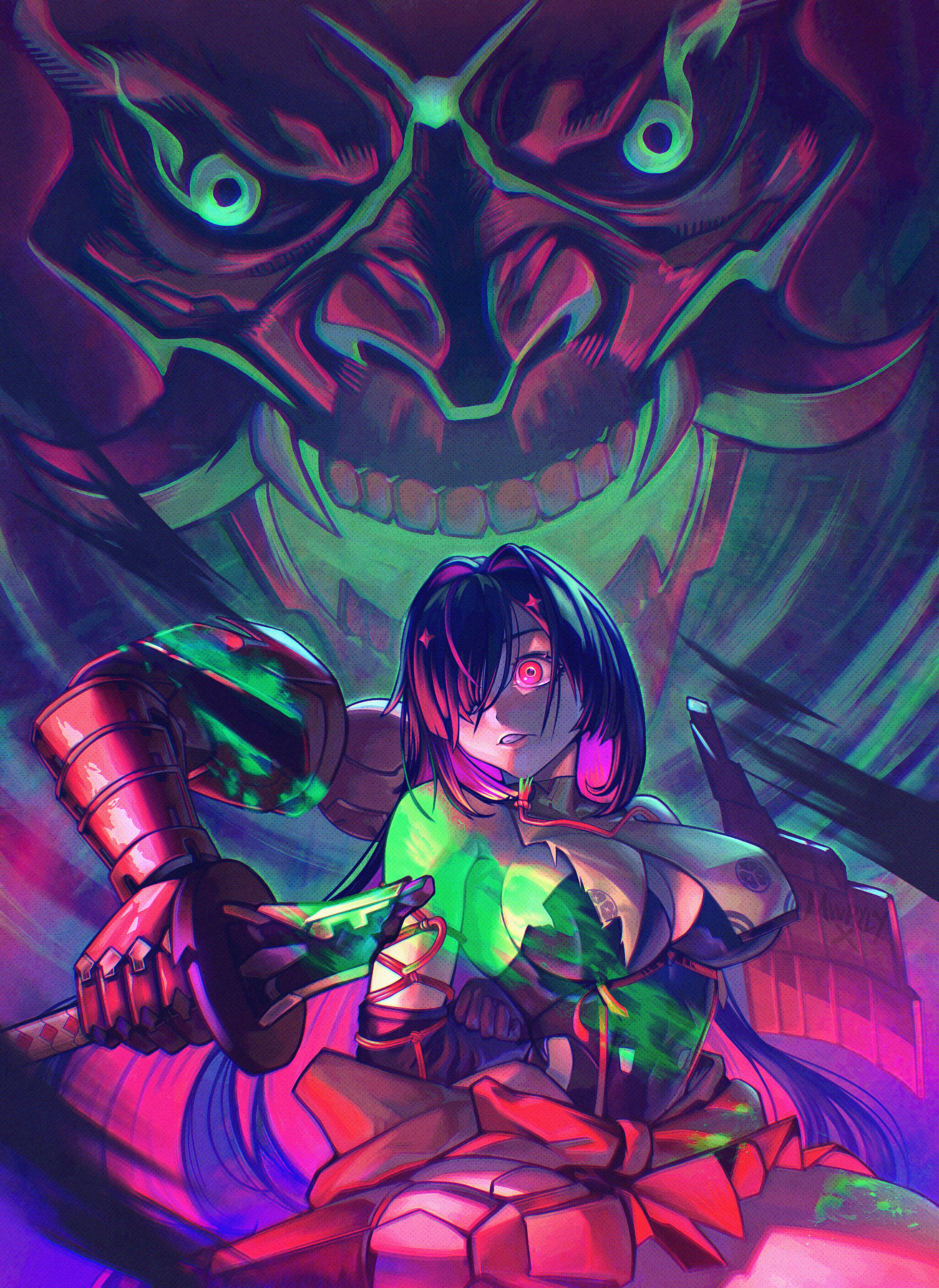 chizuru (chaos zero nightmare), chaos zero nightmare, absurdres, commentary, english commentary, highres, 1girl, arms behind back, bare shoulders, bdsm, black gloves, black leotard, bondage, bound, bound arms, breast curtains, breasts, broken, broken sword, broken weapon, cleavage, clenched hands, clenched teeth, cowboy shot, demon, elbow gloves, gloves, hair between eyes, hair over one eye, hakama, hakama short skirt, hakama skirt, holding, holding sword, holding weapon, japanese clothes, large breasts, leotard, long hair, mechanical arms, mond (mwrylyx), nontraditional miko, parted lips, purple hair, red eyes, red hakama, restrained, shibari, sideboob, sidelocks, single mechanical arm, skirt, solo, sprue, standing, sword, teeth, torn clothes, twitter username, very long hair, weapon