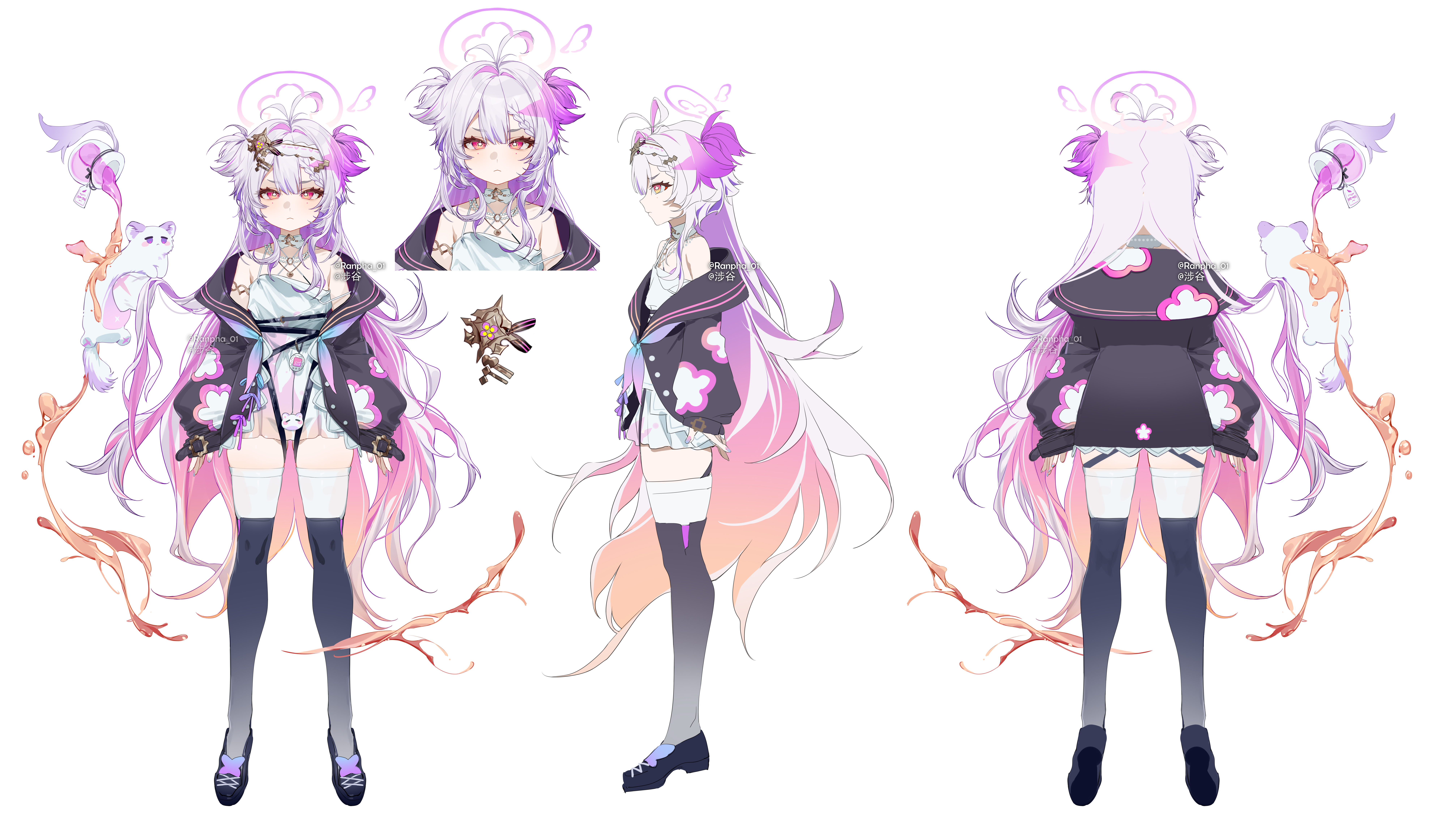 shibuya (kurokamishain), original, absurdres, commentary, commission, highres, 1girl, :<, antenna hair, bare shoulders, black jacket, black shoes, black thighhighs, blue nails, braid, closed mouth, colored inner hair, creature, cropped torso, dress, fingernails, floral print, flower-shaped pupils, from behind, from side, full body, gradient nails, hair between eyes, hair ornament, hairclip, halo, jacket, jewelry, legs, long sleeves, looking at viewer, mole, mole under each eye, mole under eye, multicolored hair, multicolored jacket, multiple moles, multiple views, nail polish, off shoulder, open clothes, open jacket, parallel hairclips, pink halo, pink jacket, pink nails, purple hair, red eyes, reference sheet, shoes, strap slip, symbol-shaped pupils, thighhighs, thighhighs under thighhighs, thighs, turnaround, twitter username, two-tone hair, white dress, white hair, white jacket, white thighhighs