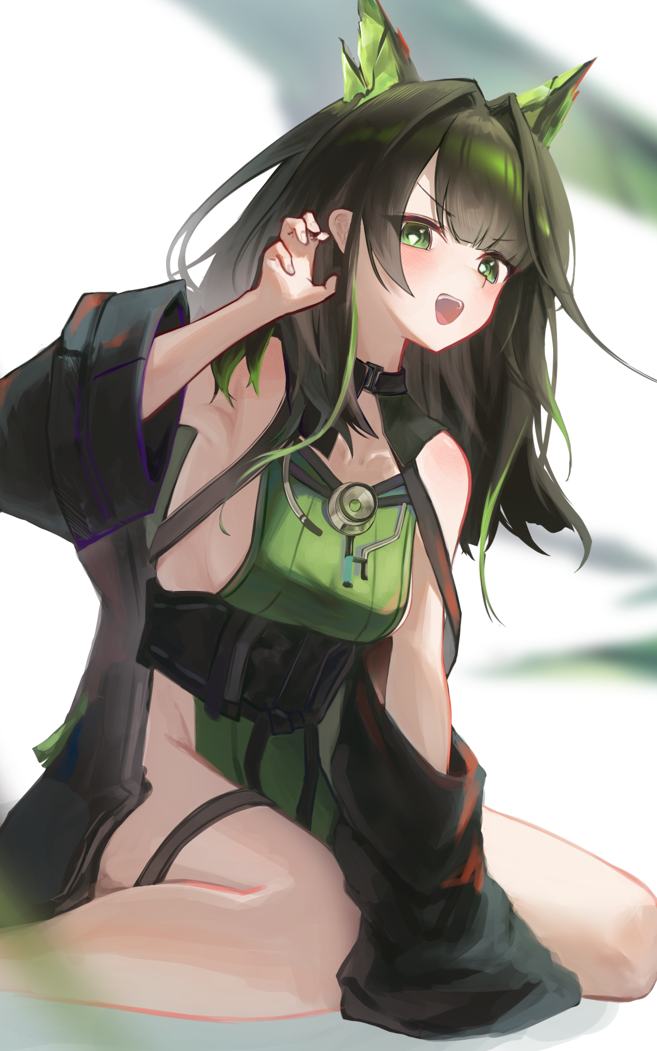 mon3tr (arknights), arknights, highres, 1girl, :d, bare shoulders, belt, black choker, black hair, blush, breasts, choker, colored inner hair, crystal horns, dress, euueeu, green dress, green eyes, green hair, jacket, long hair, long sleeves, looking at viewer, medium breasts, multicolored hair, off shoulder, open mouth, sitting, smile, solo, thigh belt, thigh strap, thighs, wariza, white background