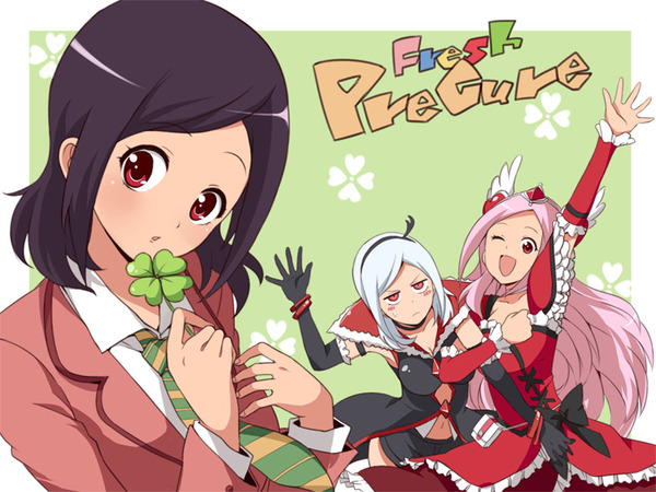 cure passion, eas (fresh precure!), higashi setsuna, fresh precure!, precure, black neckwear, silver hair, 00s, 3girls, black hair, choker, clover, copyright name, dark persona, four-leaf clover, hair ornament, heart, heart hair ornament, magical girl, multiple girls, multiple persona, pink hair, red eyes, school uniform, white choker