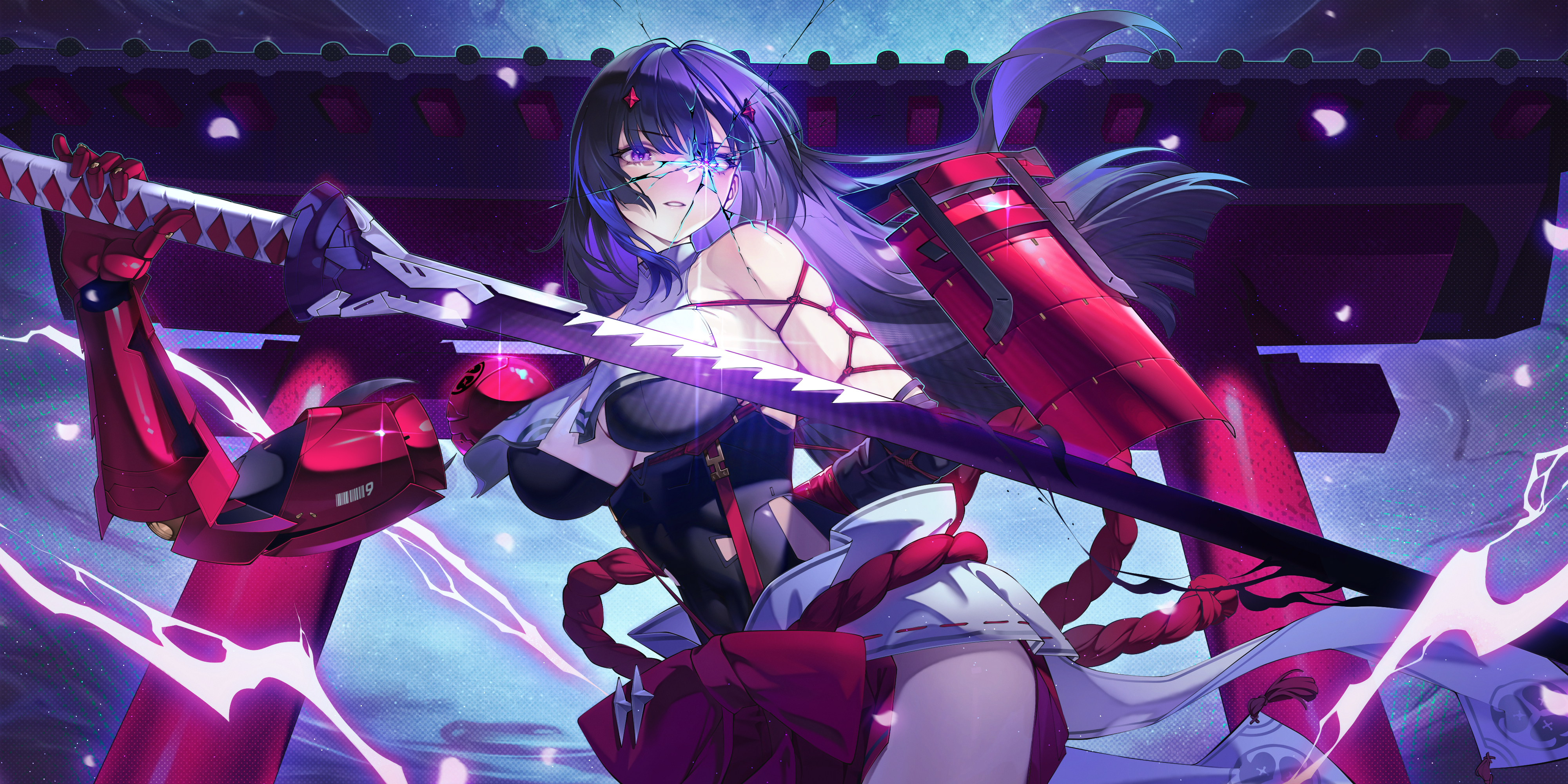 bruno kerling, chizuru (chaos zero nightmare), chaos zero nightmare, absurdres, commentary, highres, 1girl, arms behind back, bare shoulders, bdsm, black hair, black leotard, blue hair, bondage, bound, bound arms, breast curtains, breasts, cleavage, clothing cutout, covered collarbone, covered navel, cowboy shot, crack, cracked glass, electricity, glint, hair between eyes, hakama, hakama short skirt, hakama skirt, holding, holding sword, holding weapon, huge weapon, japanese clothes, large breasts, leotard, looking at viewer, mechanical arms, mole, mole under eye, multicolored hair, nontraditional miko, parted lips, purple eyes, red hakama, red rope, restrained, rope, shibari, shield, shimenawa, side cutout, sideboob, sidelocks, single mechanical arm, skirt, solo, sprue, standing, strapless, strapless leotard, sword, torii, weapon