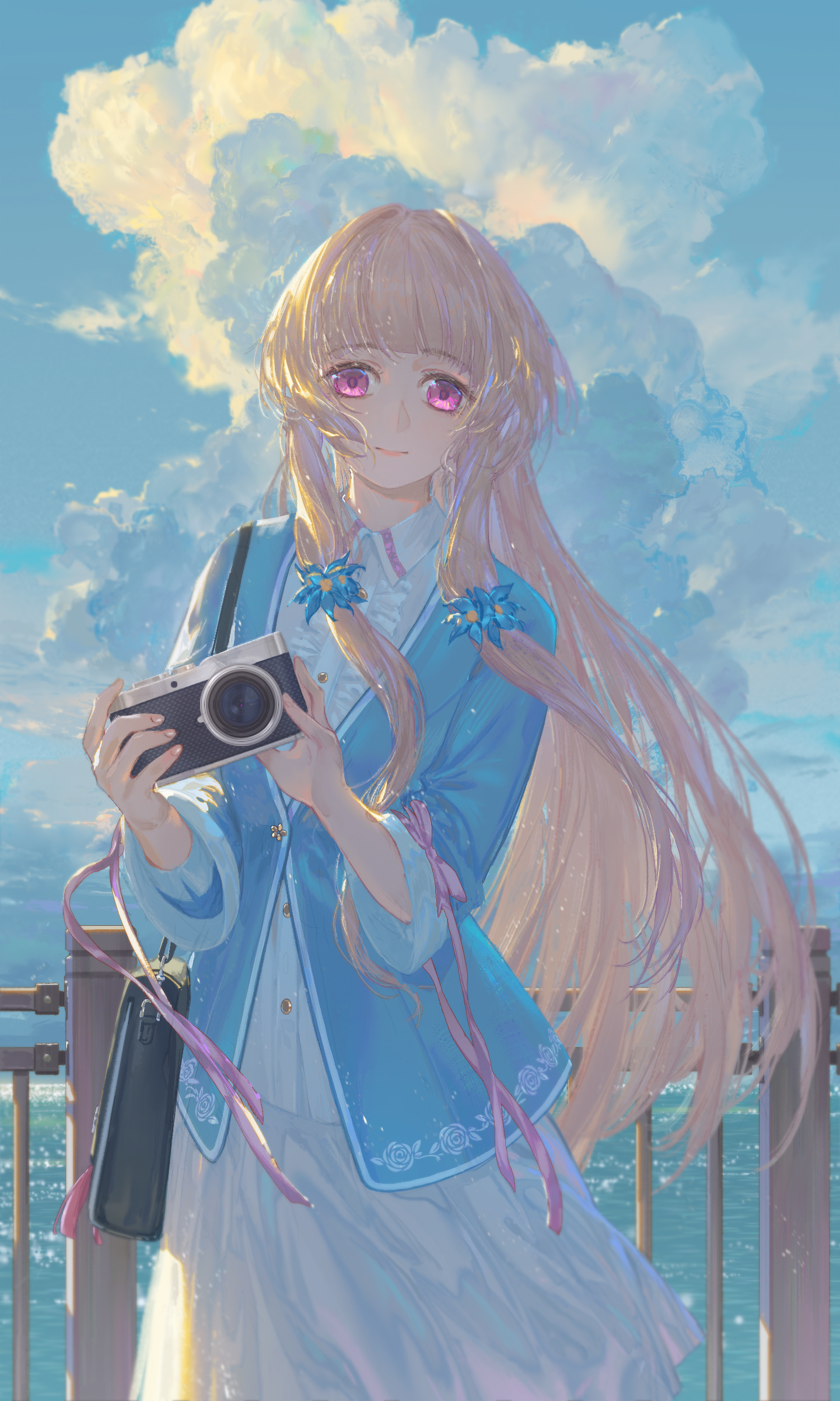 ame (2453323719), original, absurdres, commentary request, highres, 1girl, backlighting, bag, blonde hair, blue jacket, camera, cloud, cloudy sky, dress, flower hairpin, frilled dress, frills, handbag, holding, holding camera, jacket, long hair, looking at viewer, ocean, purple eyes, railing, sky, sleeve ribbon, smile, solo, very long hair, white dress, wide sleeves