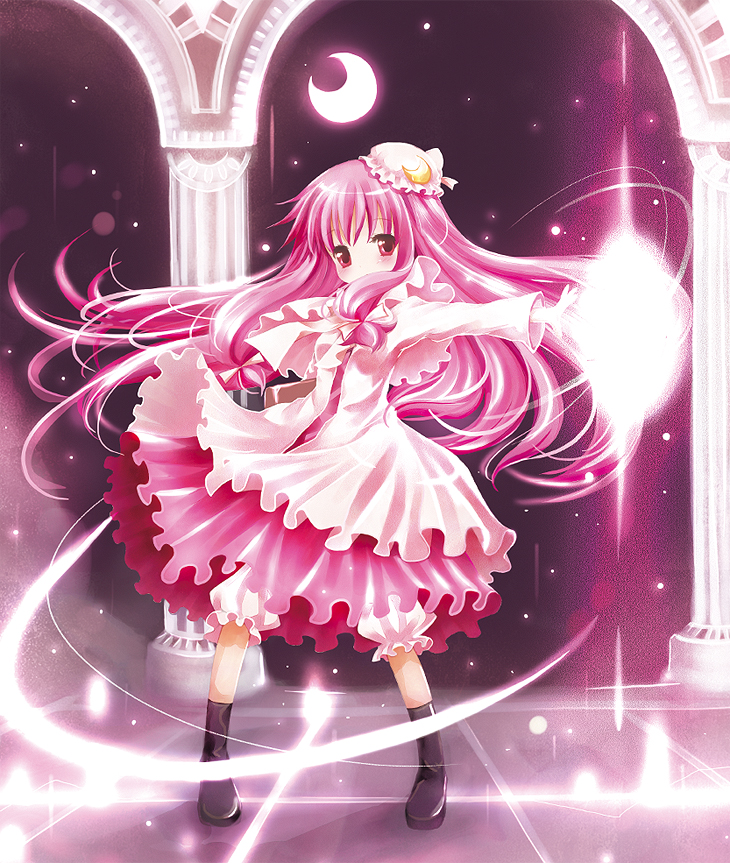 catbell, patchouli knowledge, touhou, 1girl, female focus, hat, pink eyes, purple hair, solo