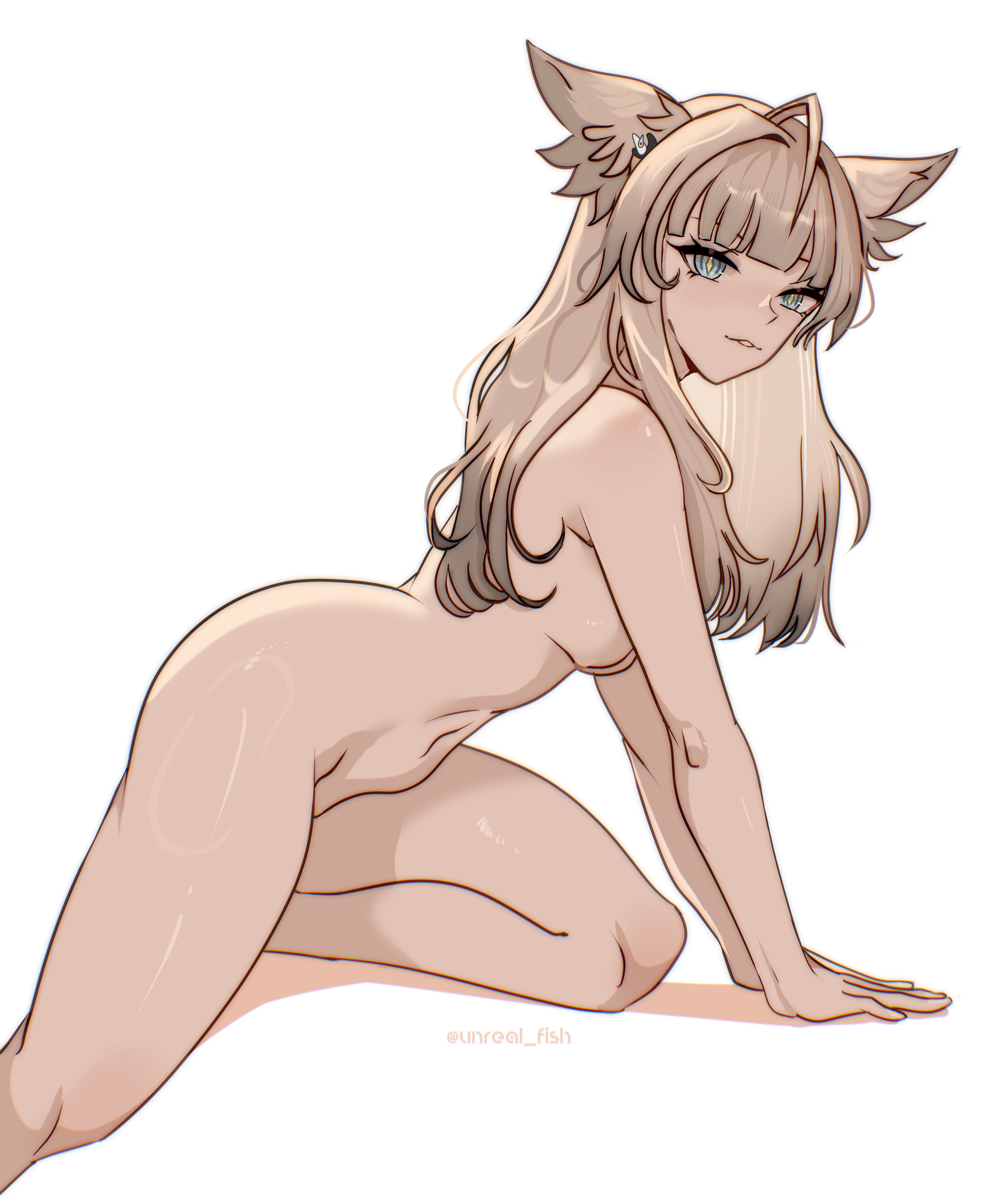 unreal fish, perlica (arknights), arknights, arknights: endfield, absurdres, commentary, hashtag-only commentary, highres, 1girl, ahoge, animal ears, bird ears, bird girl, blue eyes, breasts, completely nude, diamond-shaped pupils, diamond (shape), grey hair, long hair, looking at viewer, medium breasts, navel, nude, parted lips, simple background, solo, symbol-shaped pupils, white background, yellow pupils