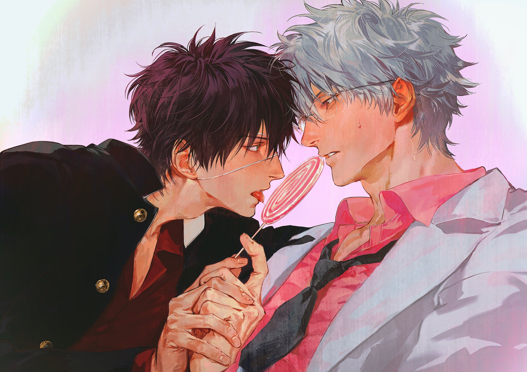 chimmyming, sakata gintoki, takasugi shinsuke, gintama, highres, 2boys, black hair, black jacket, black necktie, blush, candy, collared shirt, eye contact, eyepatch, food, formal clothes, glasses, grey hair, holding, holding candy, holding food, holding hands, holding lollipop, jacket, licking, lollipop, long sleeves, looking at another, male focus, multiple boys, necktie, parted lips, pink shirt, red eyes, red shirt, school uniform, shirt, short hair, suit, sweatdrop, swirl lollipop, teacher and student, tongue, tongue out, upper body, yaoi