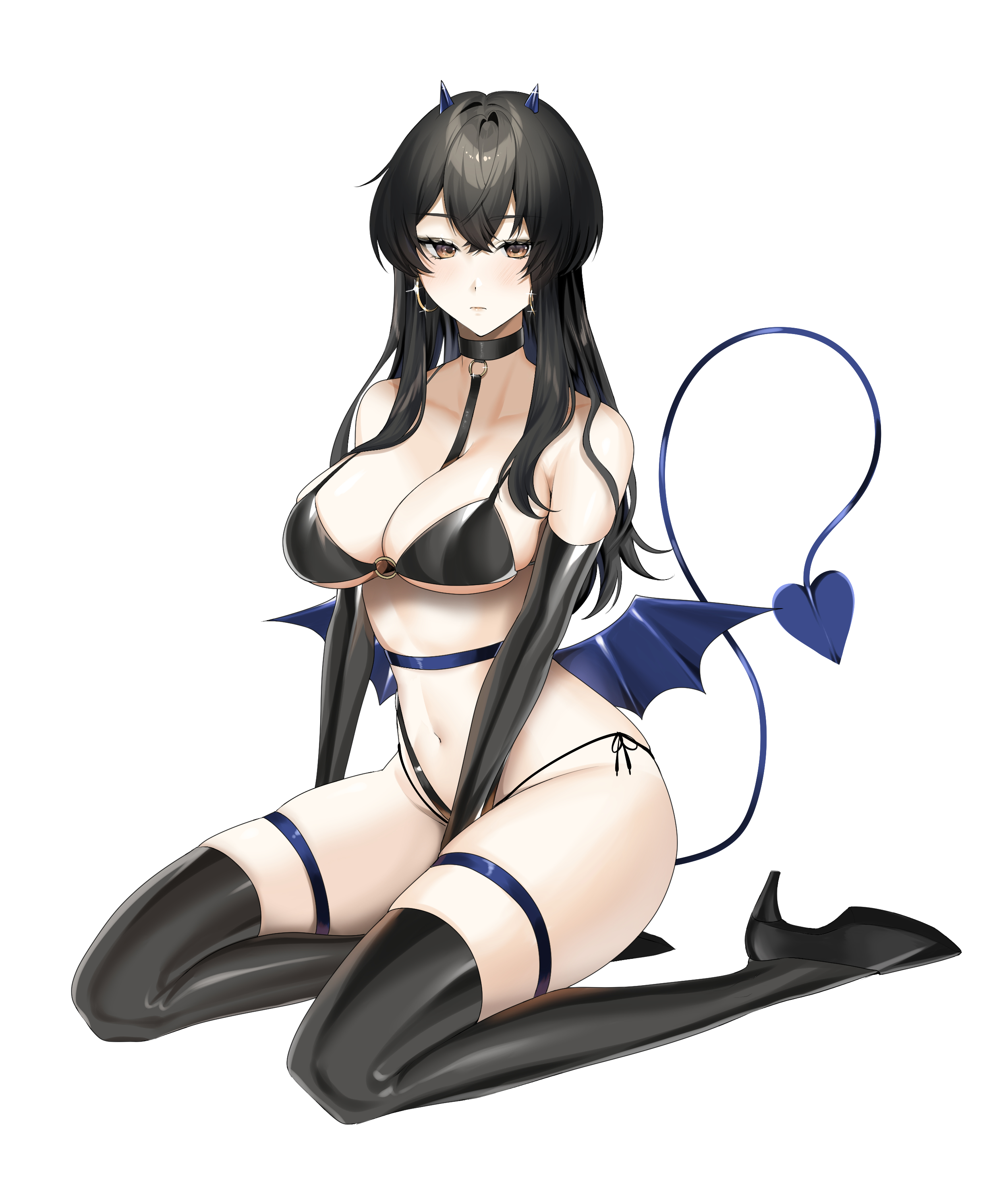 ymr yamero, absurdres, character request, commentary request, commission, copyright request, highres, skeb commission, 1girl, between breasts, between legs, bikini, black bikini, black boots, black hair, blue horns, boots, breasts, brown eyes, demon horns, demon tail, demon wings, earrings, glint, hand between legs, high heel boots, high heels, hoop earrings, horns, jewelry, kneeling, navel, o-ring, o-ring top, solo, swimsuit, tail, thigh boots, thigh strap, white background, wings
