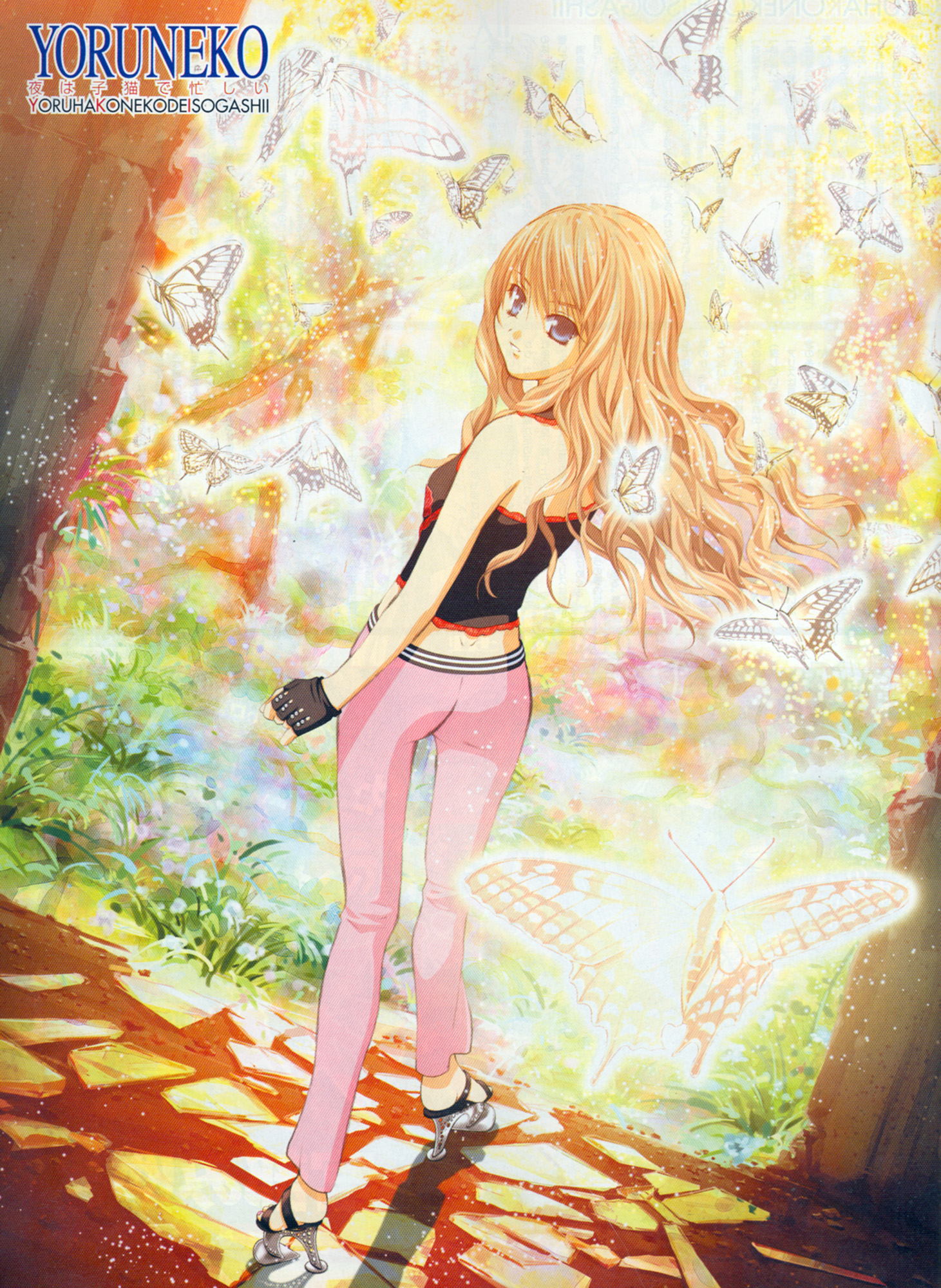 tenhiro naoto, highres, 1girl, ass, blonde hair, bug, butterfly, female focus, fingerless gloves, gloves, halterneck, high heels, insect, midriff, pants, platform shoes, shoes, solo, tight clothes, tight pants, wavy hair
