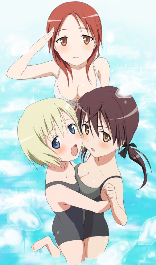 komatsu (sakanae), erica hartmann, gertrud barkhorn, minna-dietlinde wilcke, strike witches, world witches series, 3girls, asymmetrical docking, bikini, blonde hair, blue eyes, breast press, breasts, brown eyes, brown hair, cleavage, hair ribbon, hug, long hair, medium breasts, multiple girls, one-piece swimsuit, red eyes, red hair, ribbon, salute, short hair, small breasts, swimsuit, twintails, water