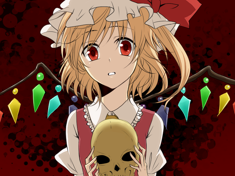waiko, flandre scarlet, touhou, bad id, bad pixiv id, 1girl, blonde hair, blouse, collared shirt, female focus, hat, mob cap, red background, red eyes, shirt, short hair, side ponytail, skull, solo, upper body, white hat, white shirt, wings
