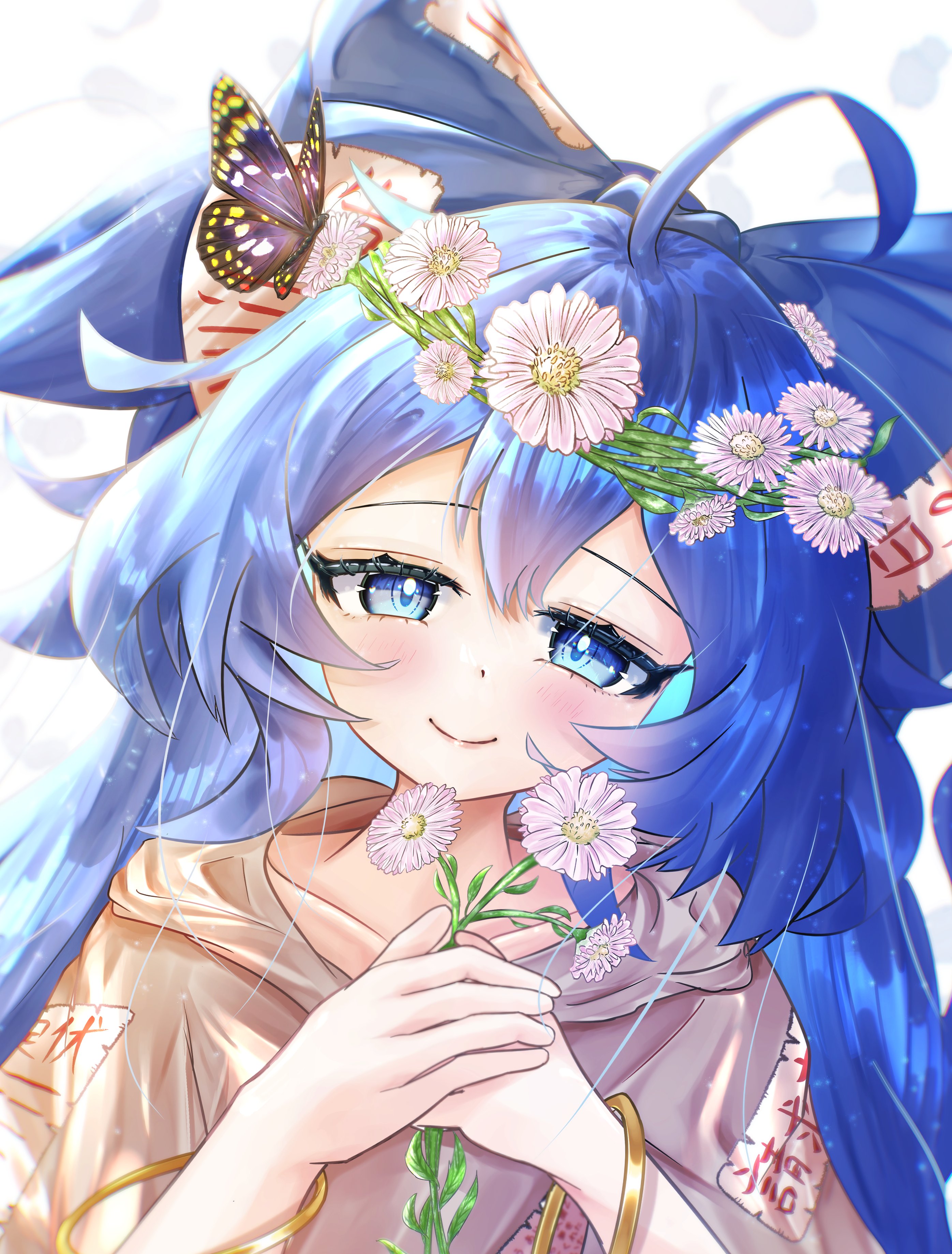 yorigami shion, touhou, absurdres, commentary request, highres, blue eyes, blue hair, blue ribbon, bug, butterfly, flower, hair flower, hair ornament, insect, light smile, long hair, looking at viewer, mynmyn5089, portrait, ribbon, straight-on